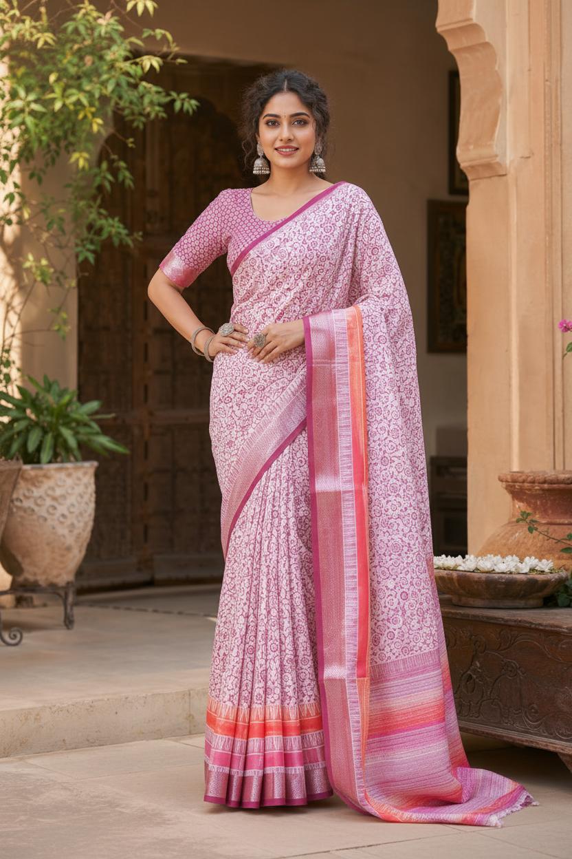 Tussar Silk Printed Saree With Unstitched Blouse(light Pink) image 3