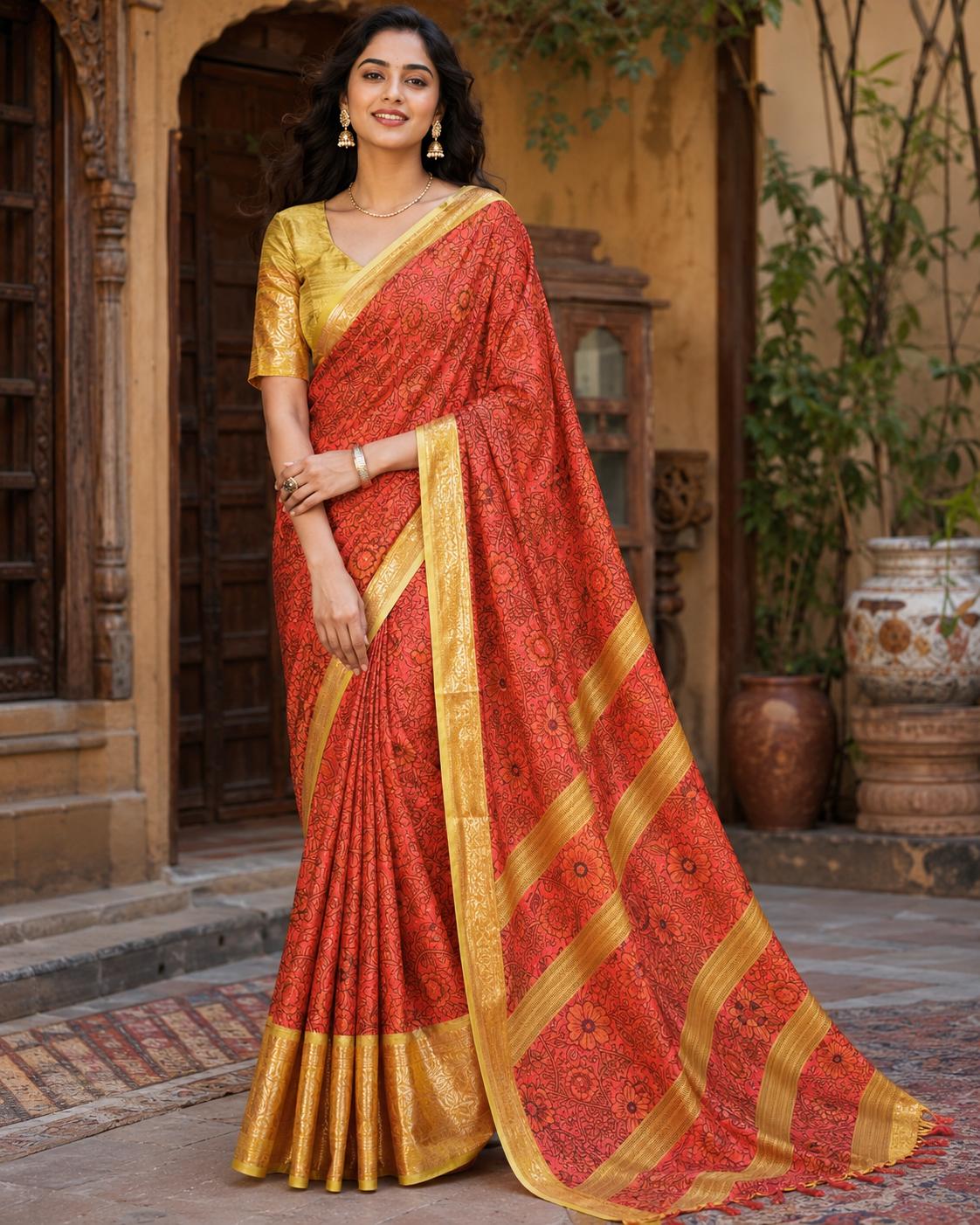 Tussar Silk Printed Saree With Unstitched Blouse(orange) image 3
