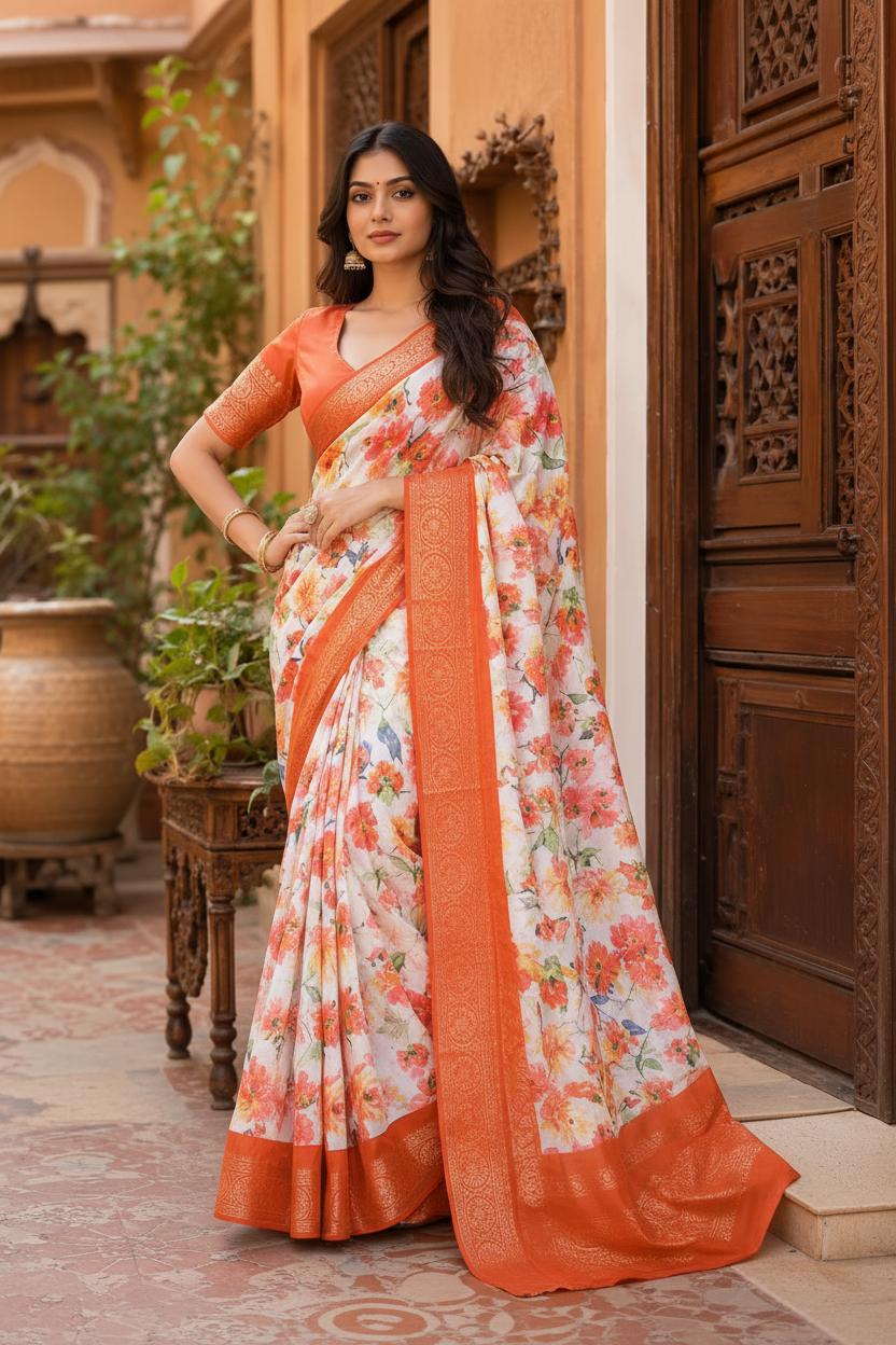 Tussar Silk Printed Saree With Unstitched Blouse(white) image 3