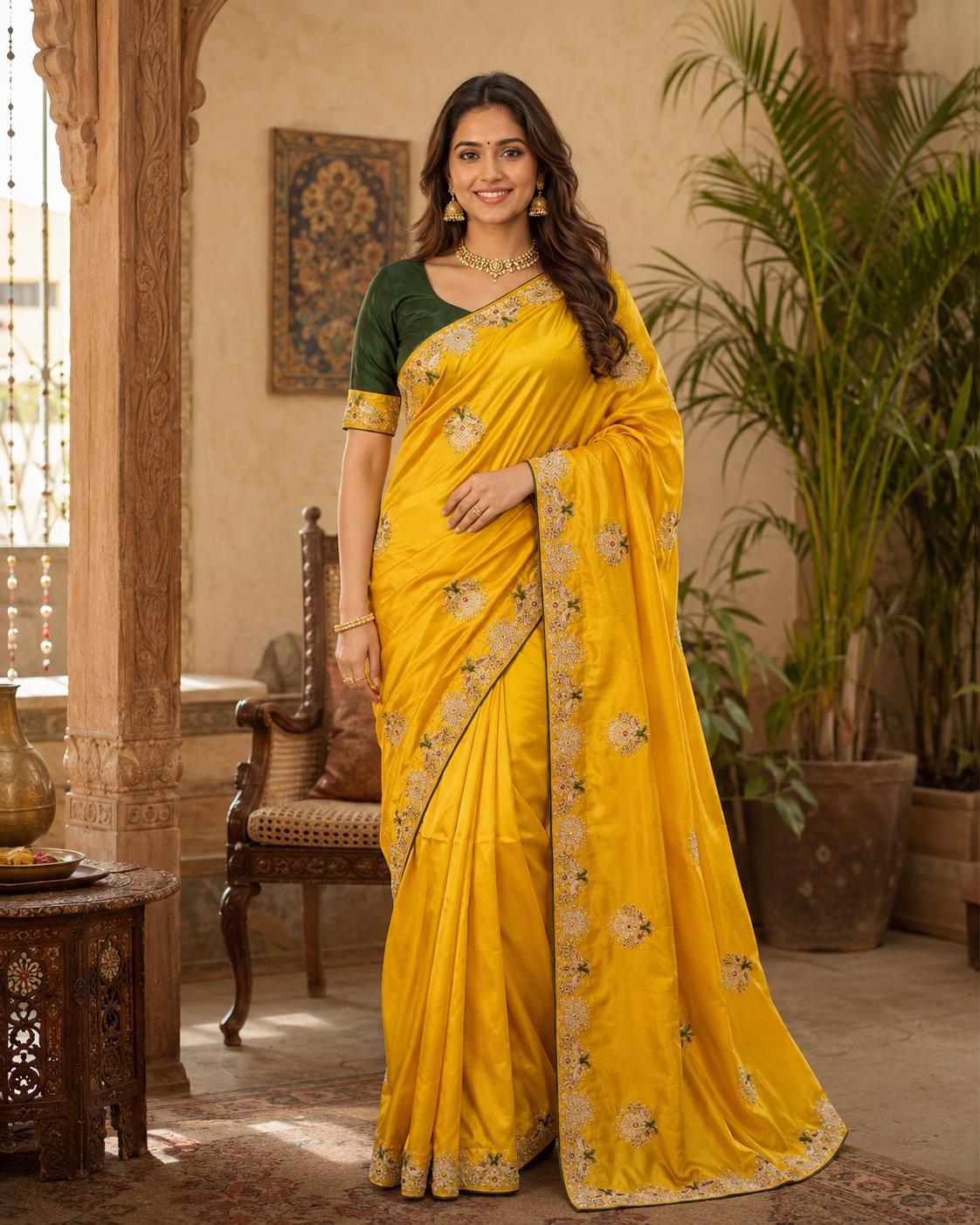 Premium Satin Silk Saree With Unstitched Blouse(yellow) image 3
