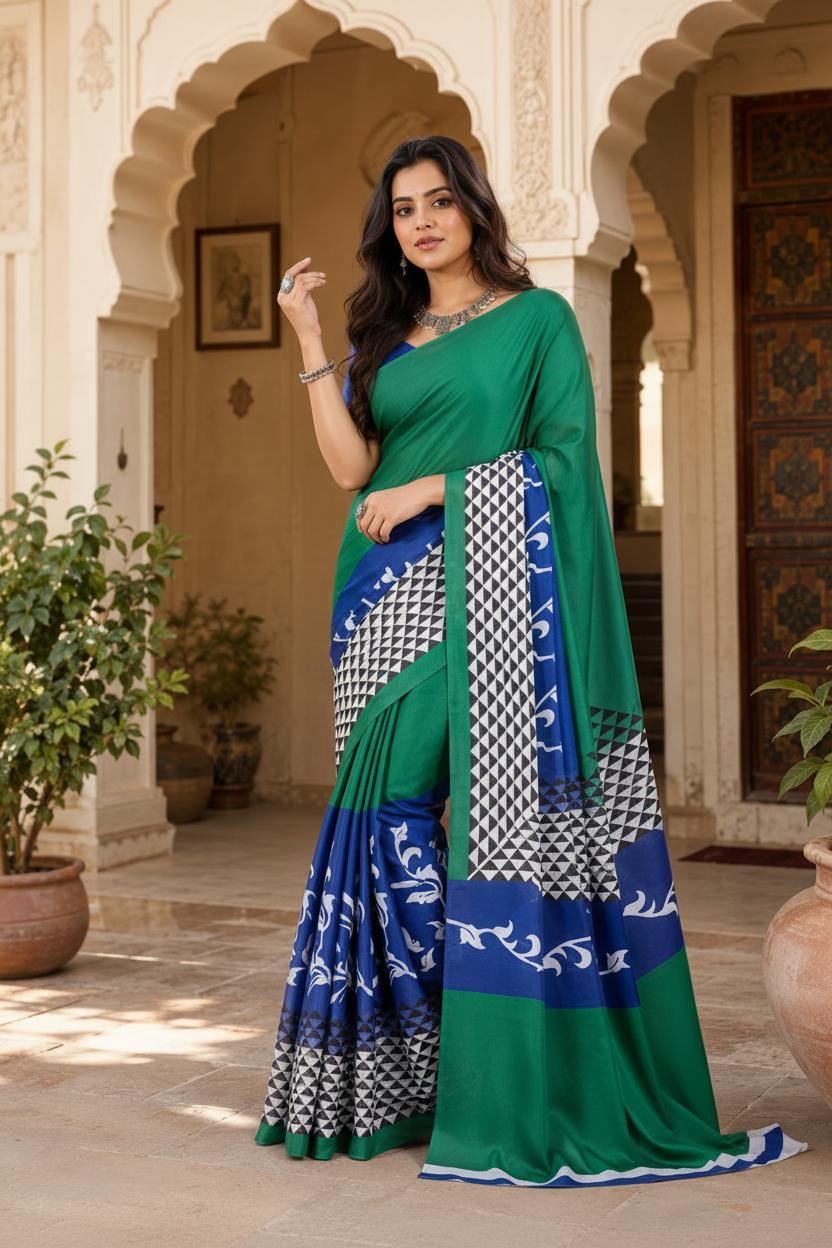 Satin Silk Printed Saree With Unstitched Blouse(green) image 3