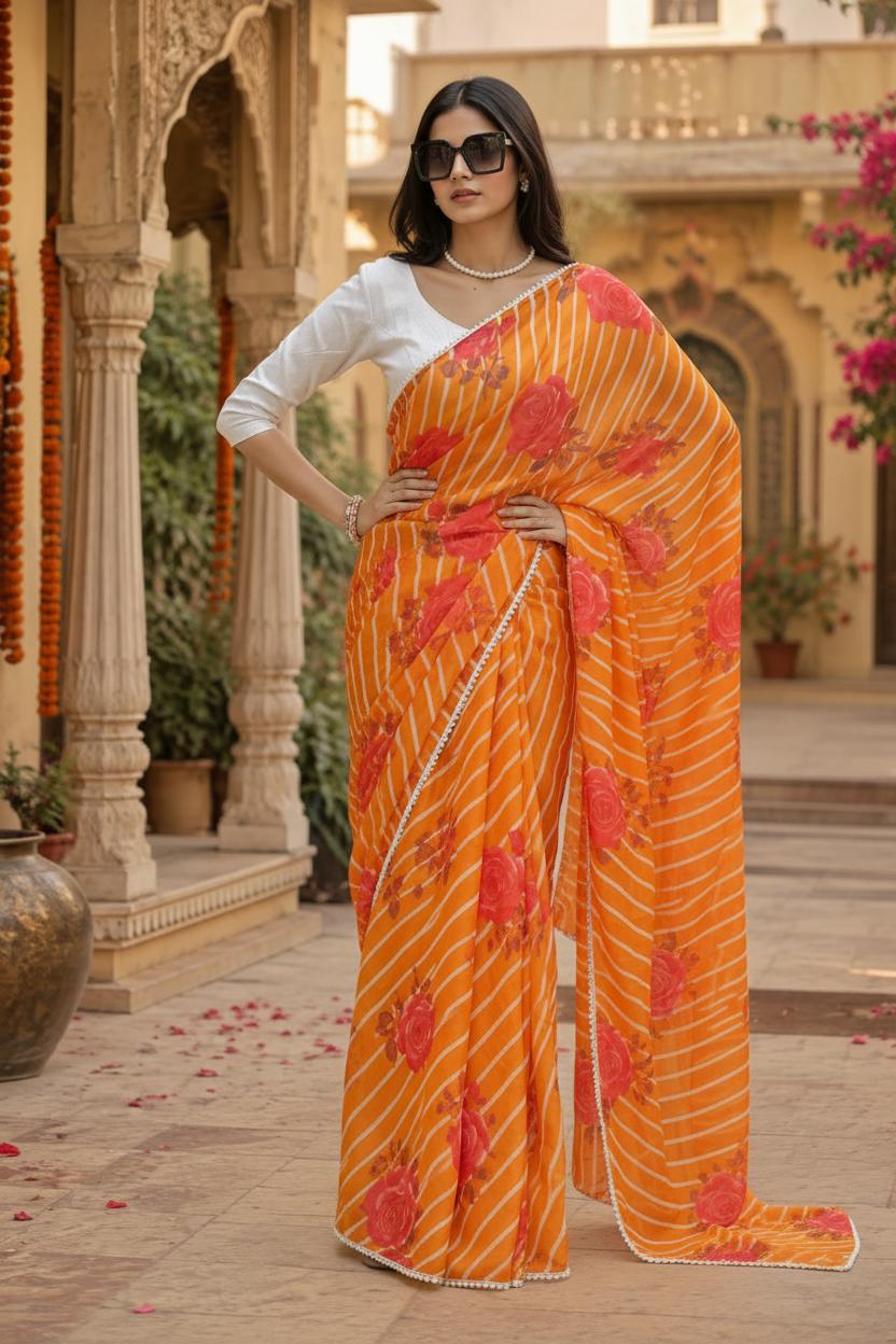 Organza Lehriya Printed Moti Lace Work Saree With Unstitched Blouse(orange) image 3