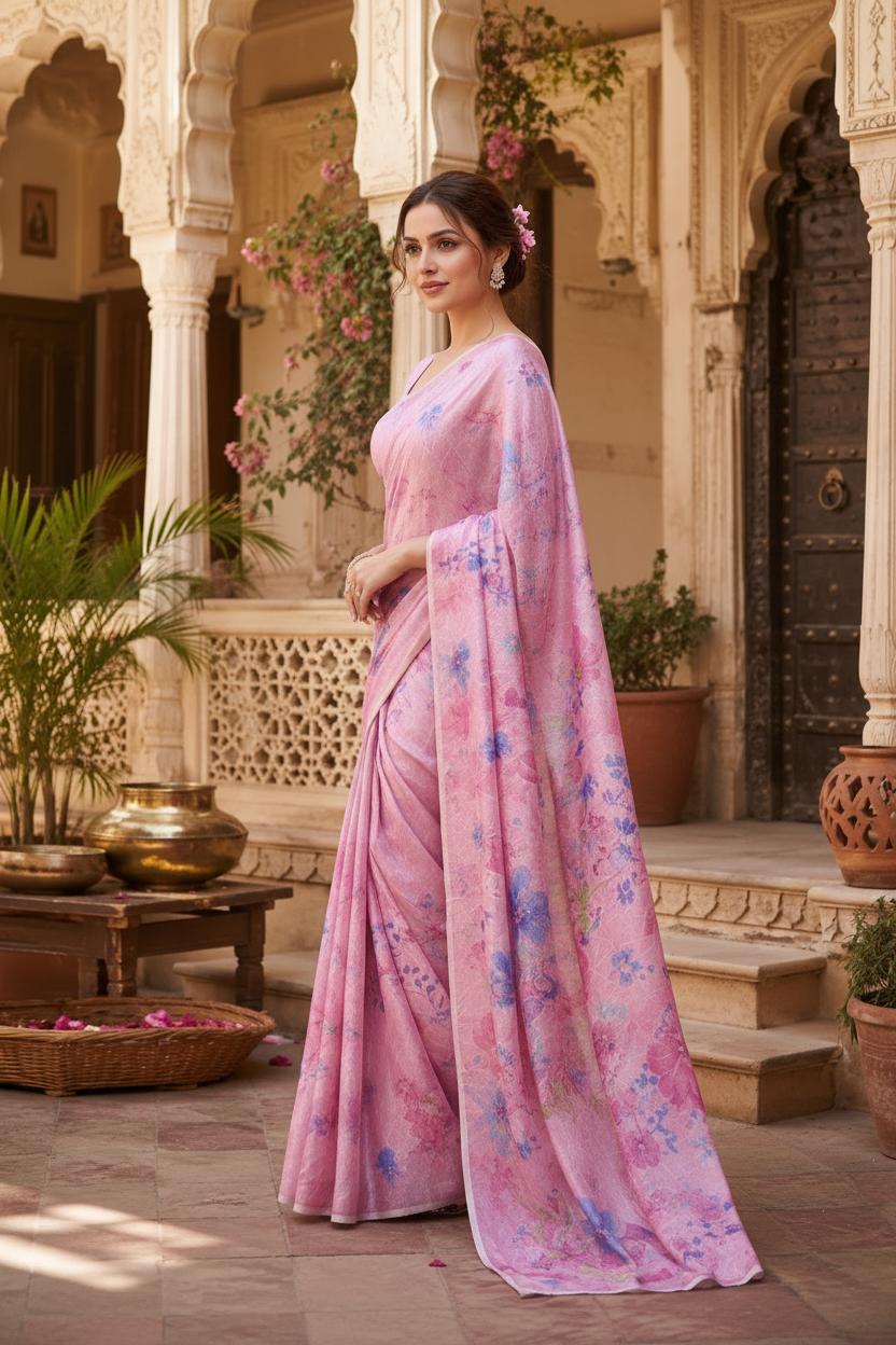 Satin Silk Digital Print Saree With Unstitched Blouse(pink) image 3