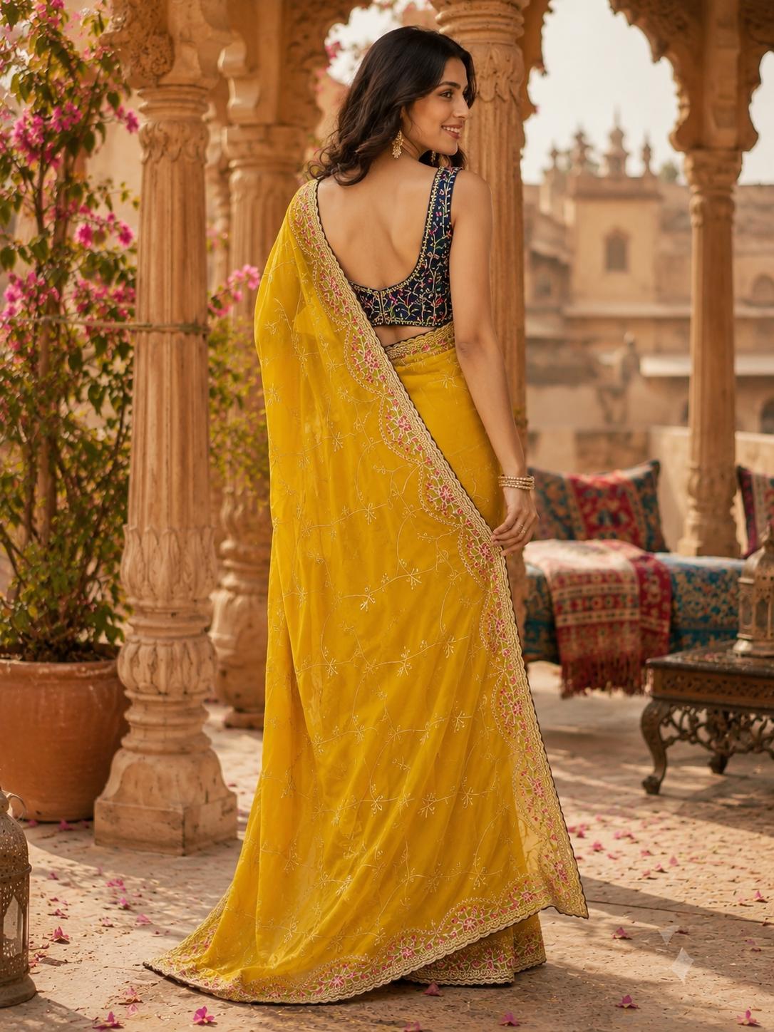 Premium Georgette Embroidery Thread Work Saree With Unstitched Blouse(mustard) image 3