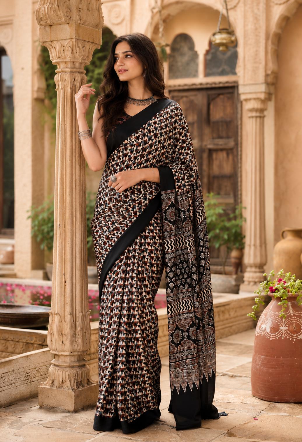Satin Silk Mill Printed Saree With Unstitched Blouse(black) image 3
