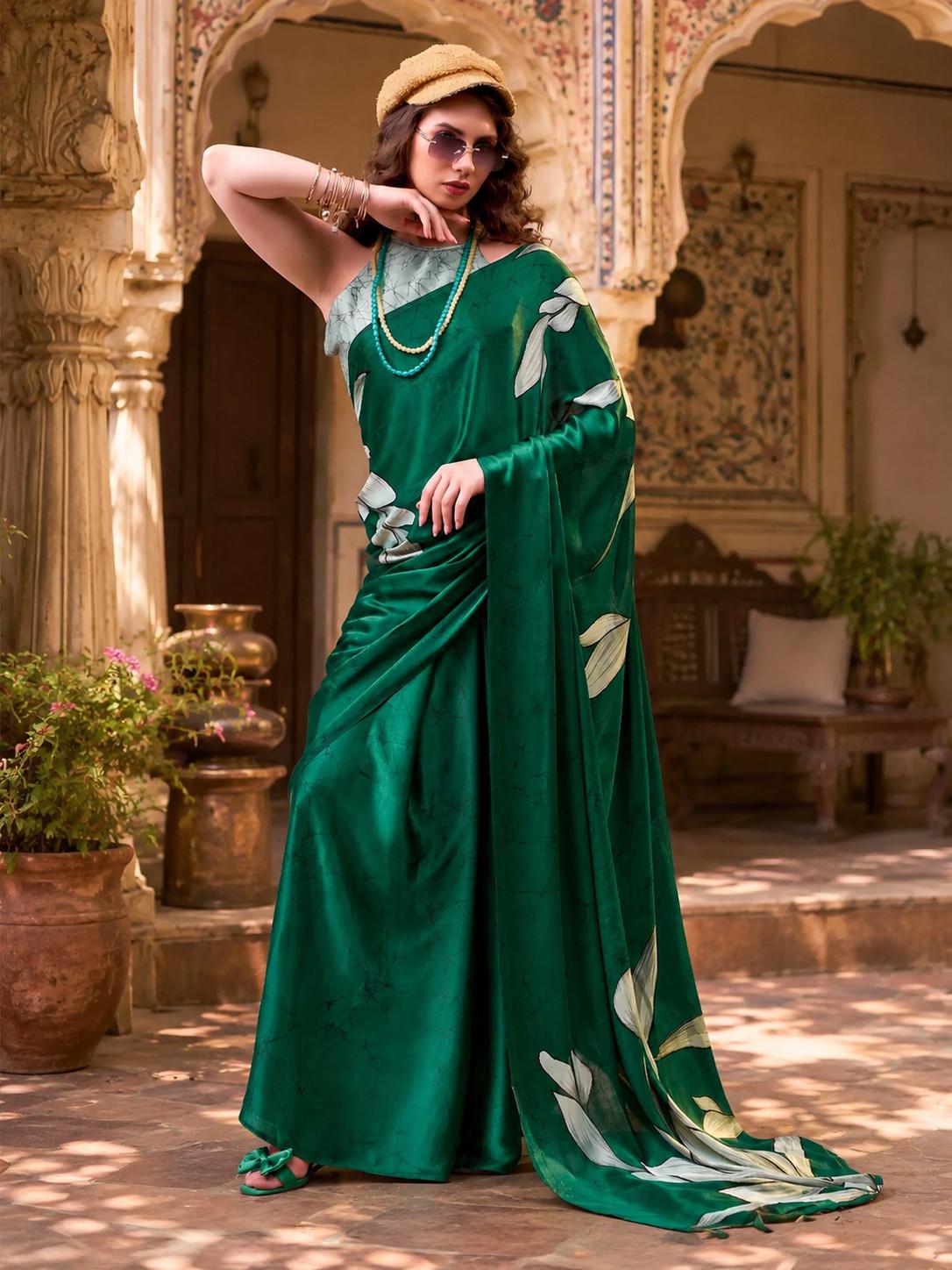 Stunning Satin Silk Floral Printed Saree With Unstitched Blouse(green) image 3