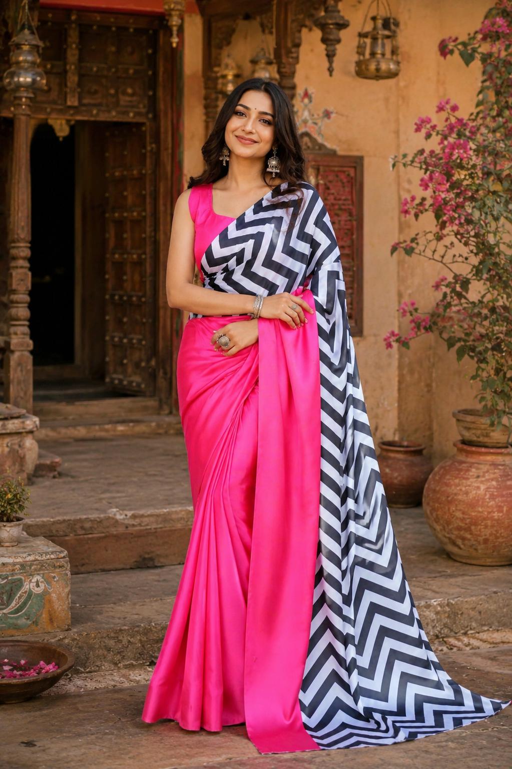 Premium Satin Silk Saree With Unstitched Blouse(pink) image 3