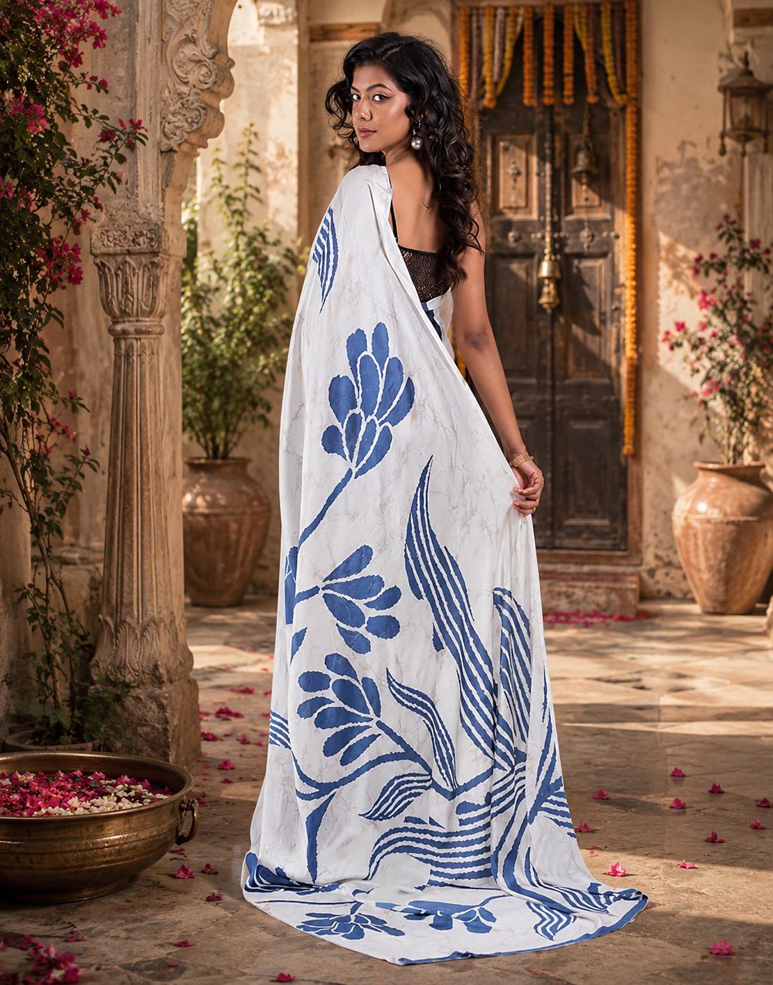 Satin Silk Digital Printed Saree With Unstitched Blouse(blue) image 3