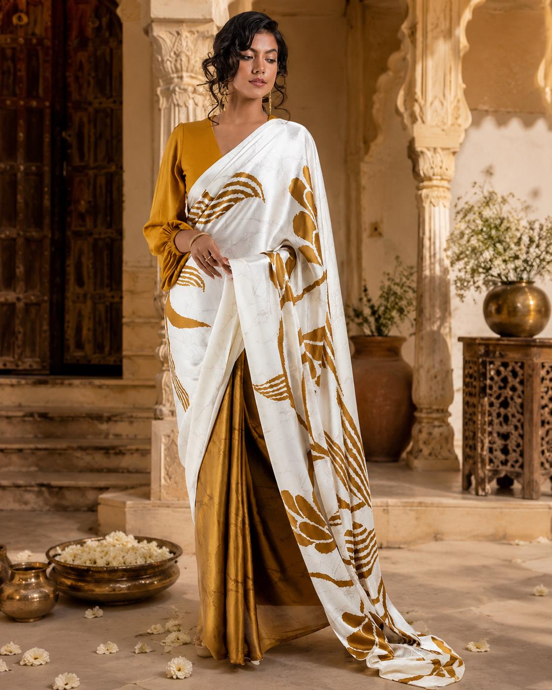 Satin Silk Digital Printed Saree With Unstitched Blouse(mustard) image 3