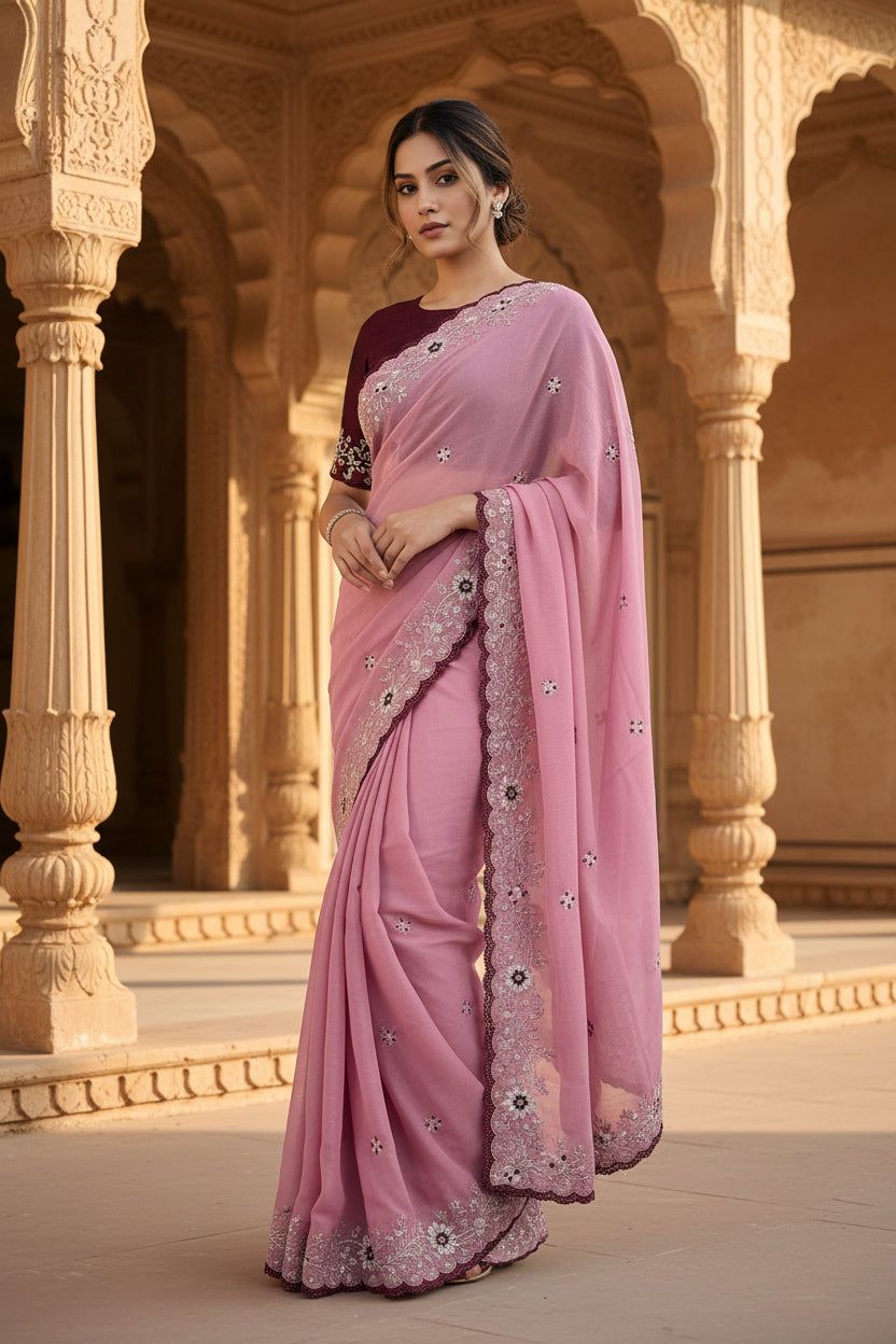 Premium Georgette Saree With Unstitched Blouse(pink) image 3