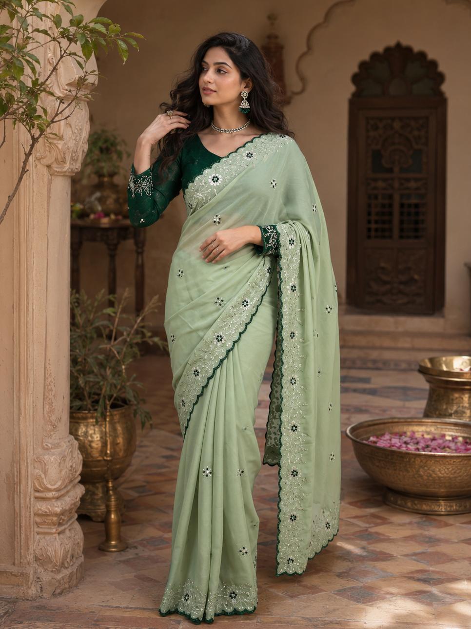 Premium Georgette Saree With Unstitched Blouse(green) image 3