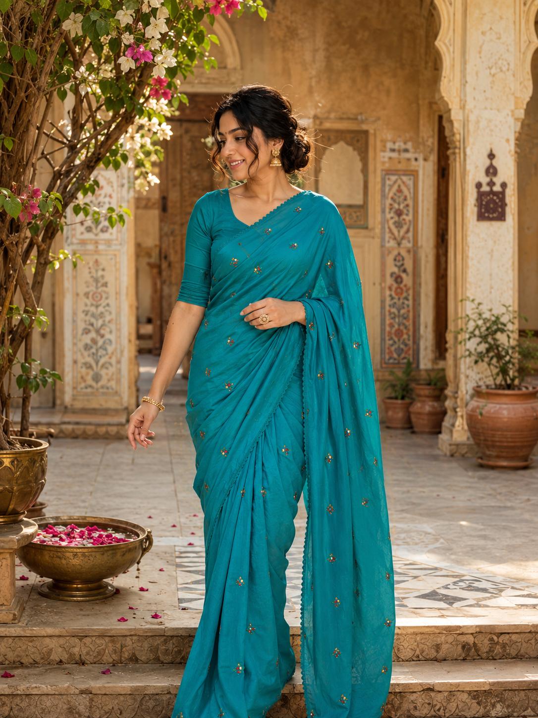 Soft Silk Embroidery Saree With Unstitched Blouse(blue) image 3