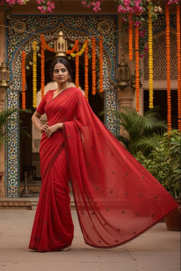 Soft Silk Embroidery Saree With Unstitched Blouse(red) image 3