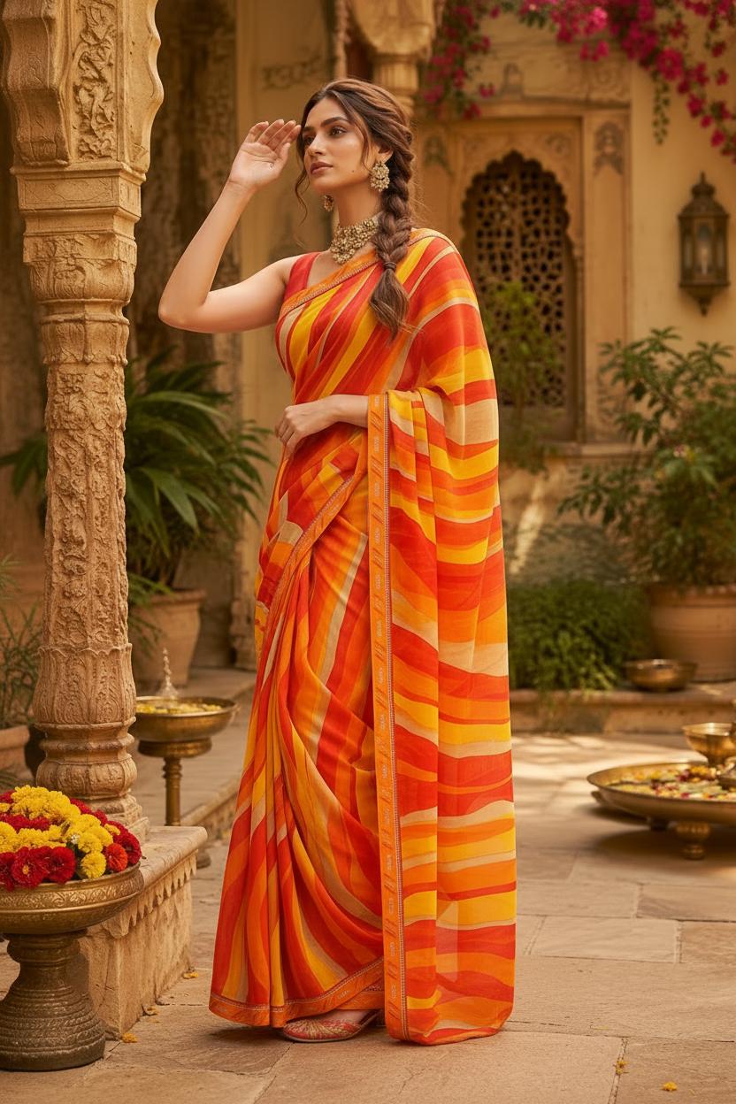 Georgette Digital Print Saree With Unstitched Blouse(orange) image 3
