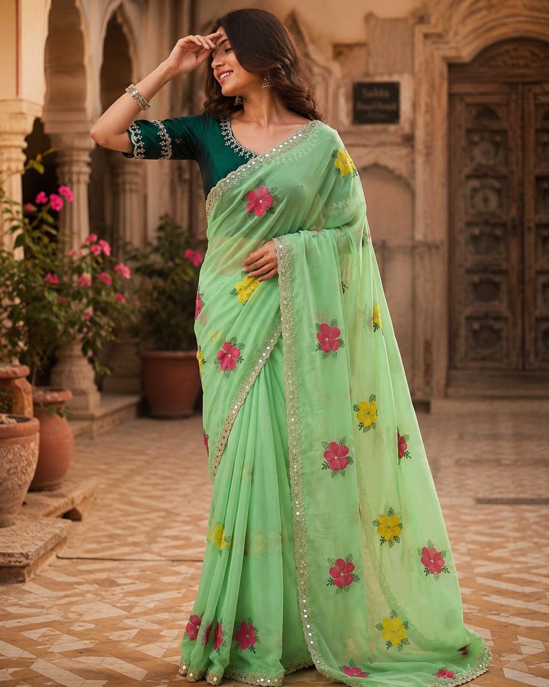 Soft Rangoli Silk Embroidery & Mirror Work Saree With Unstitched Blouse(green) image 3