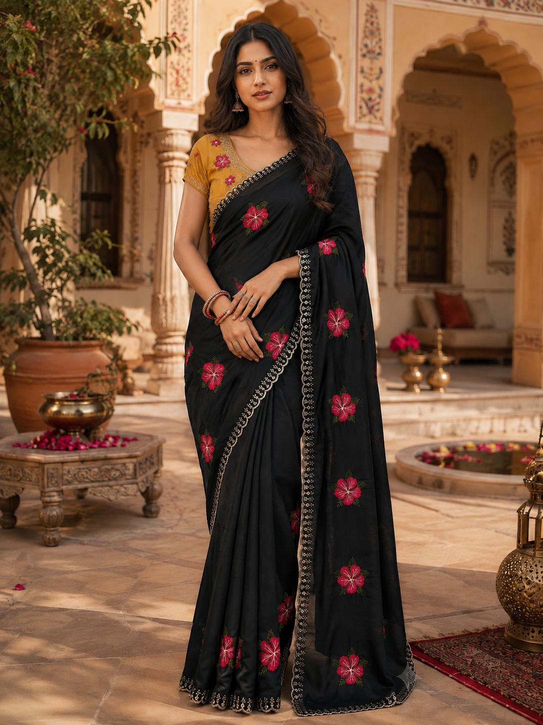 Soft Rangoli Silk Embroidery & Mirror Work Saree With Unstitched Blouse(black) image 3