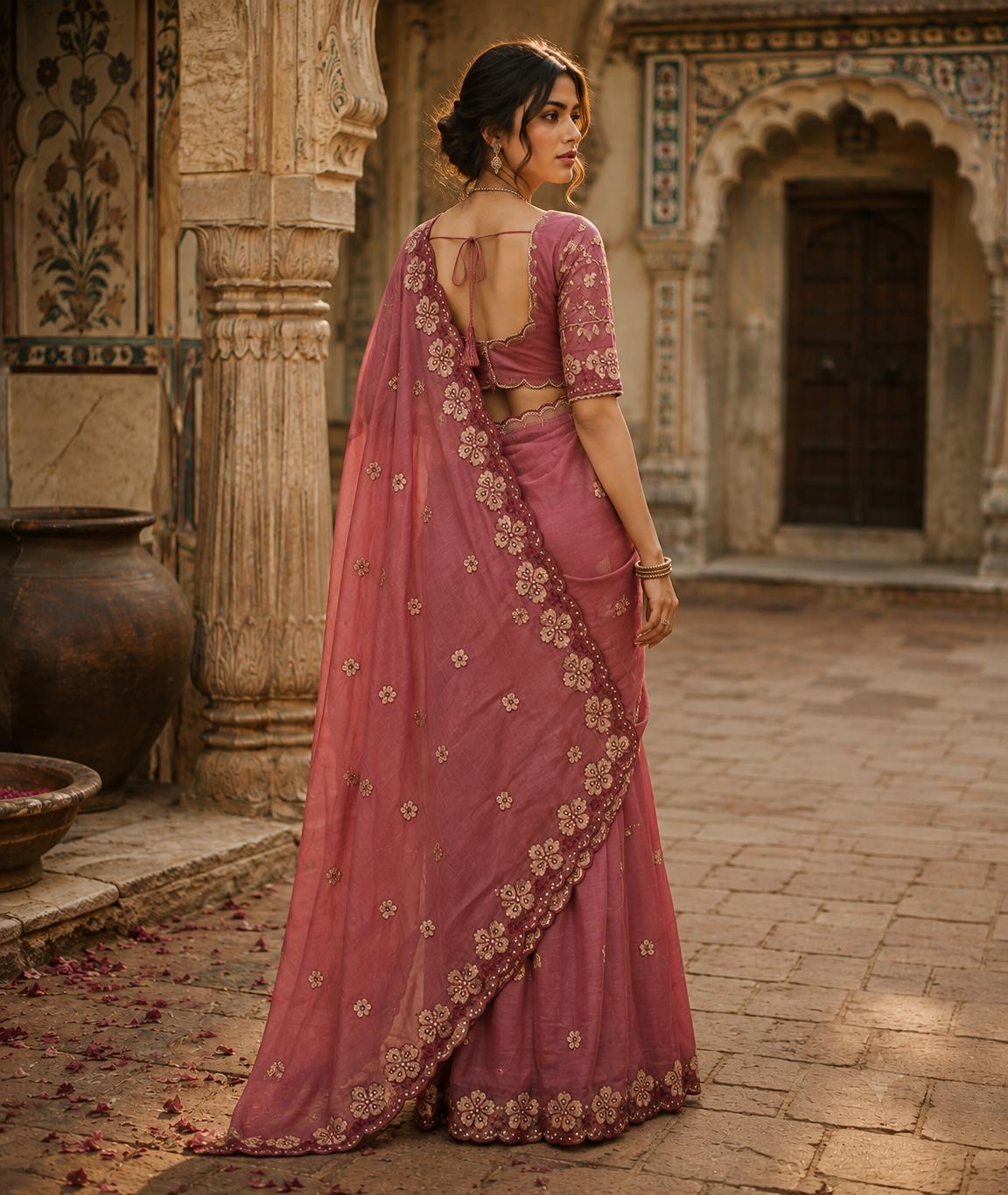 Premium Georgette Heavy Work Saree With Unstitched Blouse(pink) image 3