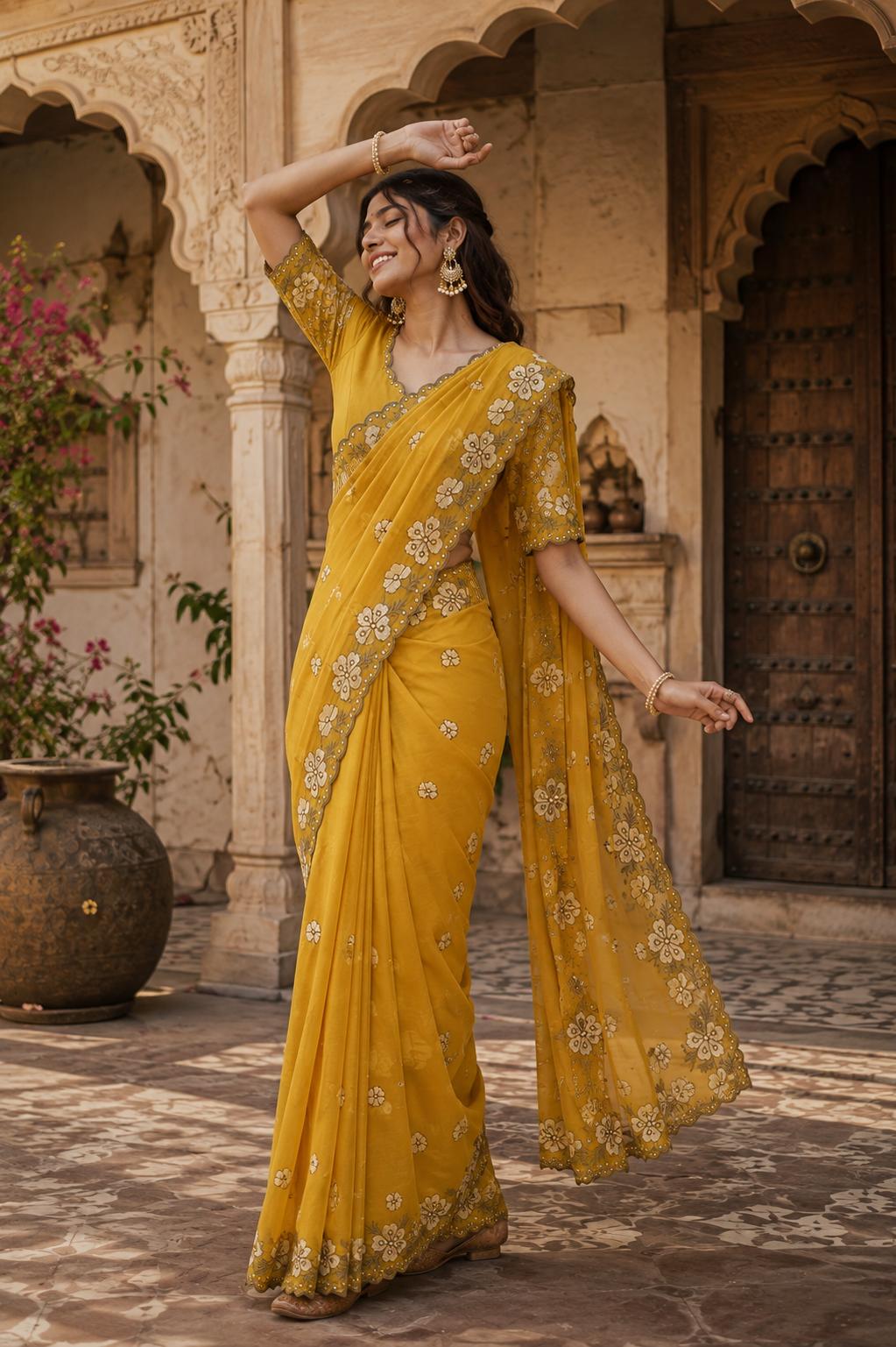 Premium Georgette Heavy Work Saree With Unstitched Blouse(yellow) image 3