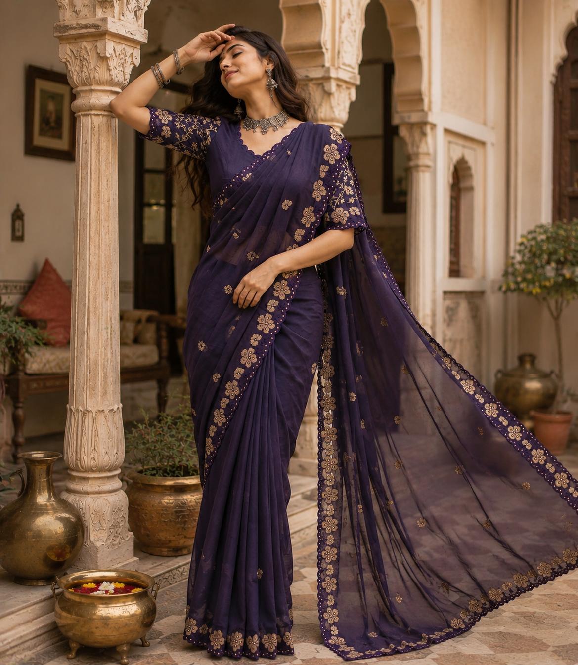 Premium Georgette Heavy Work Saree With Unstitched Blouse(violet) image 3