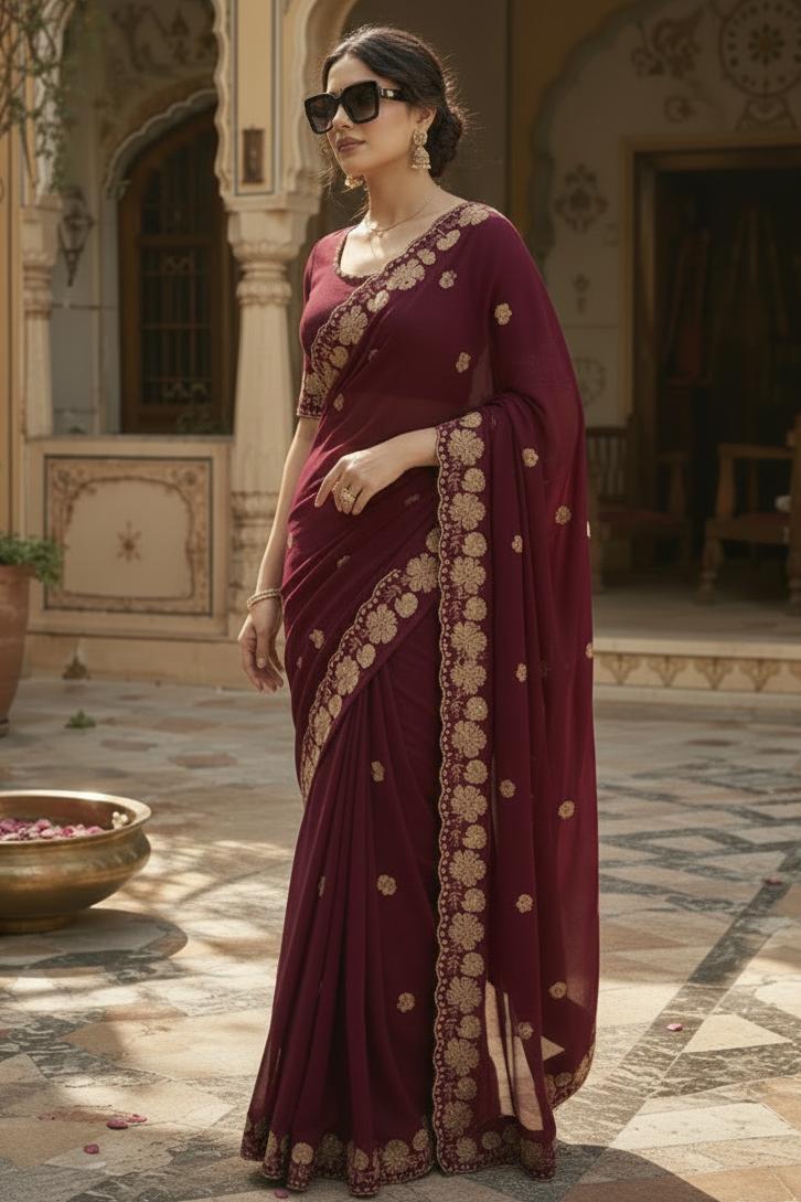 Premium Georgette Heavy Work Saree With Unstitched Blouse(wine) image 3
