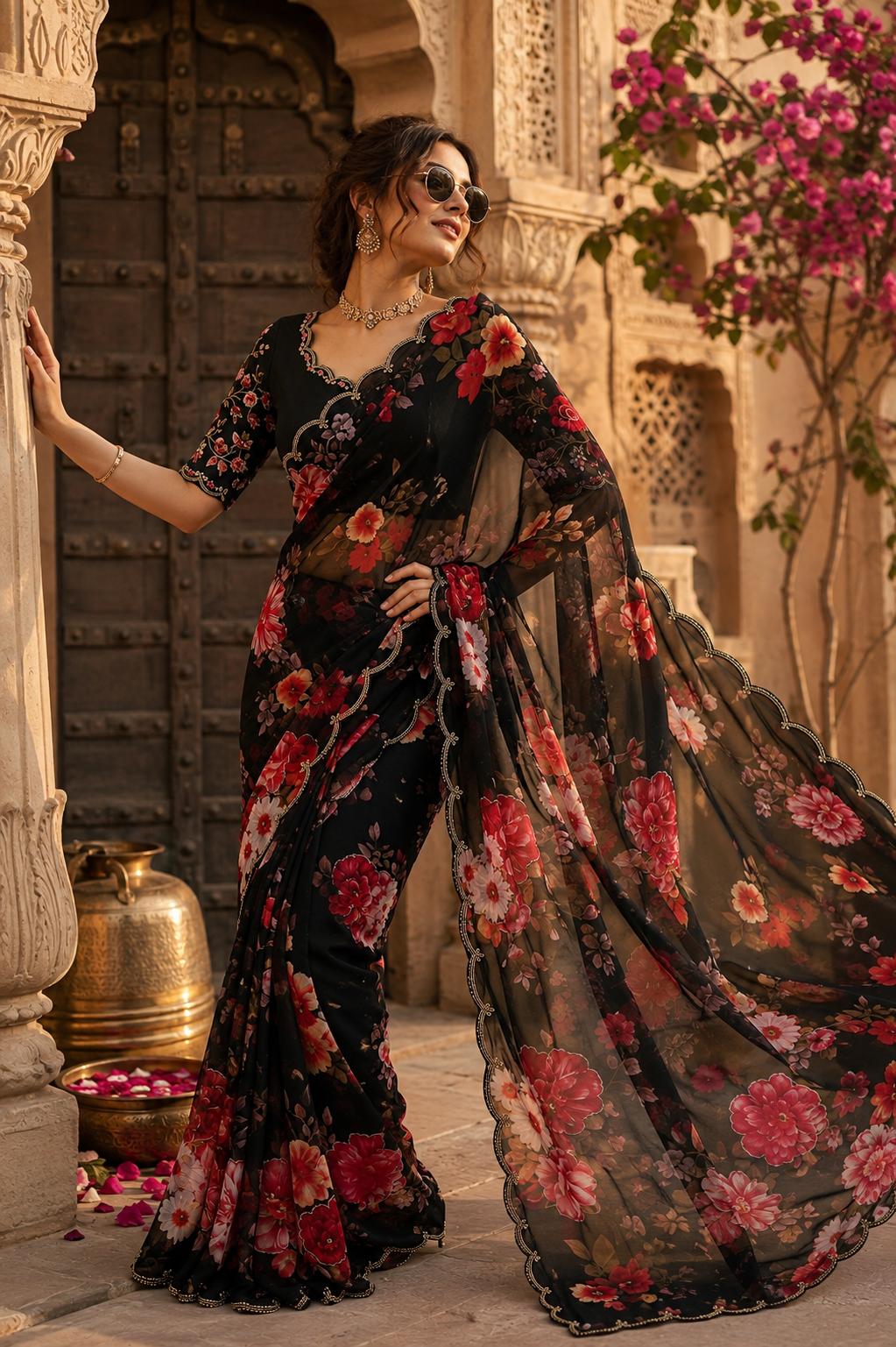Premium Georgette Digital Floral Print Saree With Unstitched Blouse(black) image 3