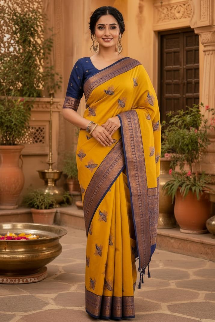 Pure Banarasi Silk Saree With Unstitched Blouse(mustard) image 3