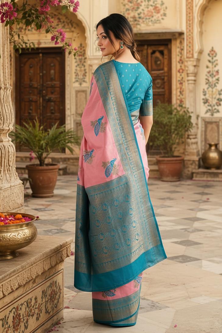Pure Banarasi Silk Saree With Unstitched Blouse(pink) image 3