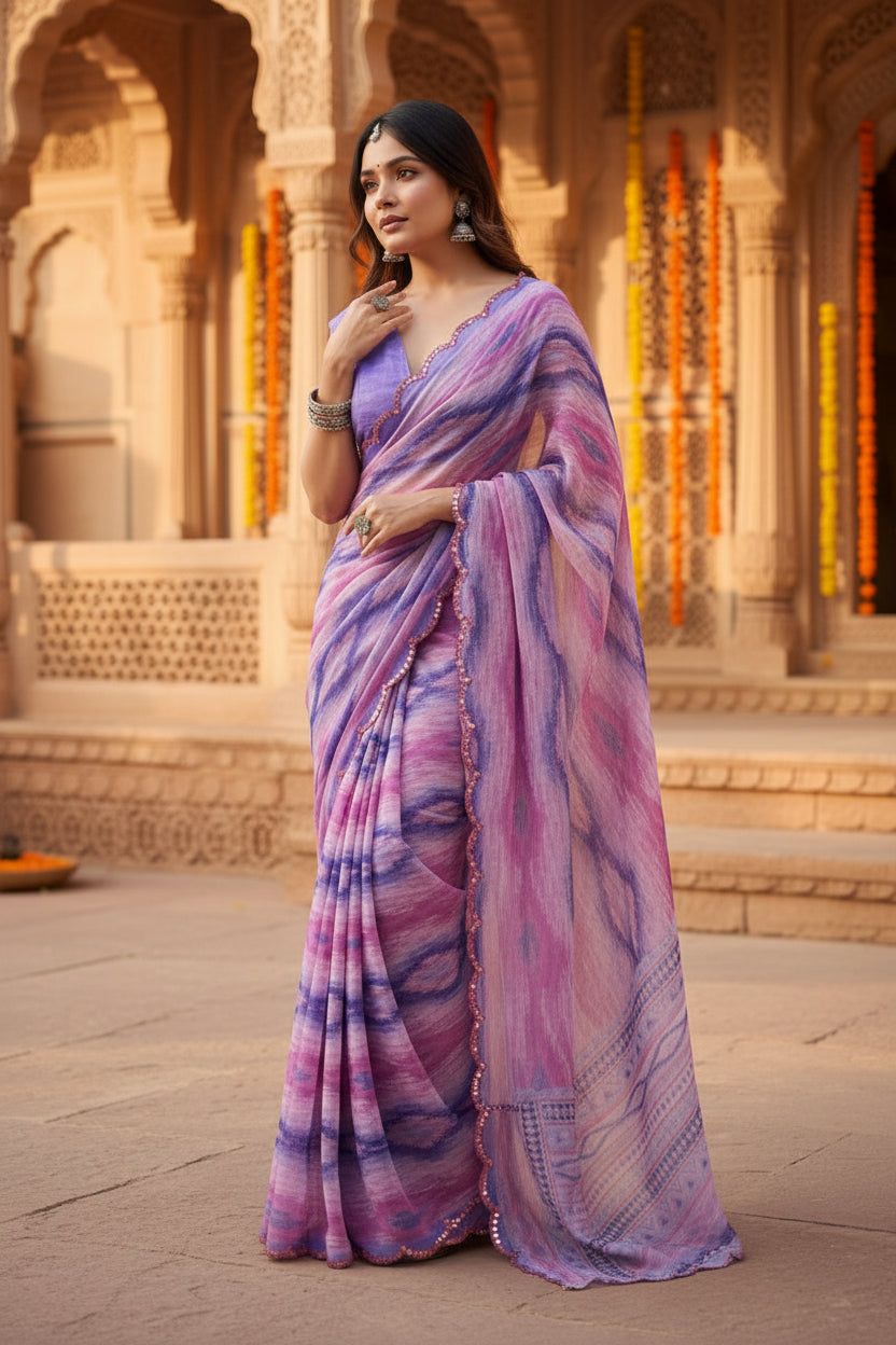Georgette Printed Mirror Work Saree With Unstitched Blouse(lavender) image 3