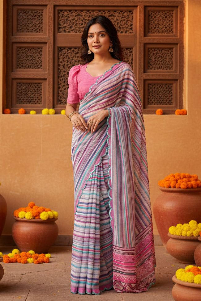 Georgette Printed Mirror Work Saree With Unstitched Blouse(sky) image 3