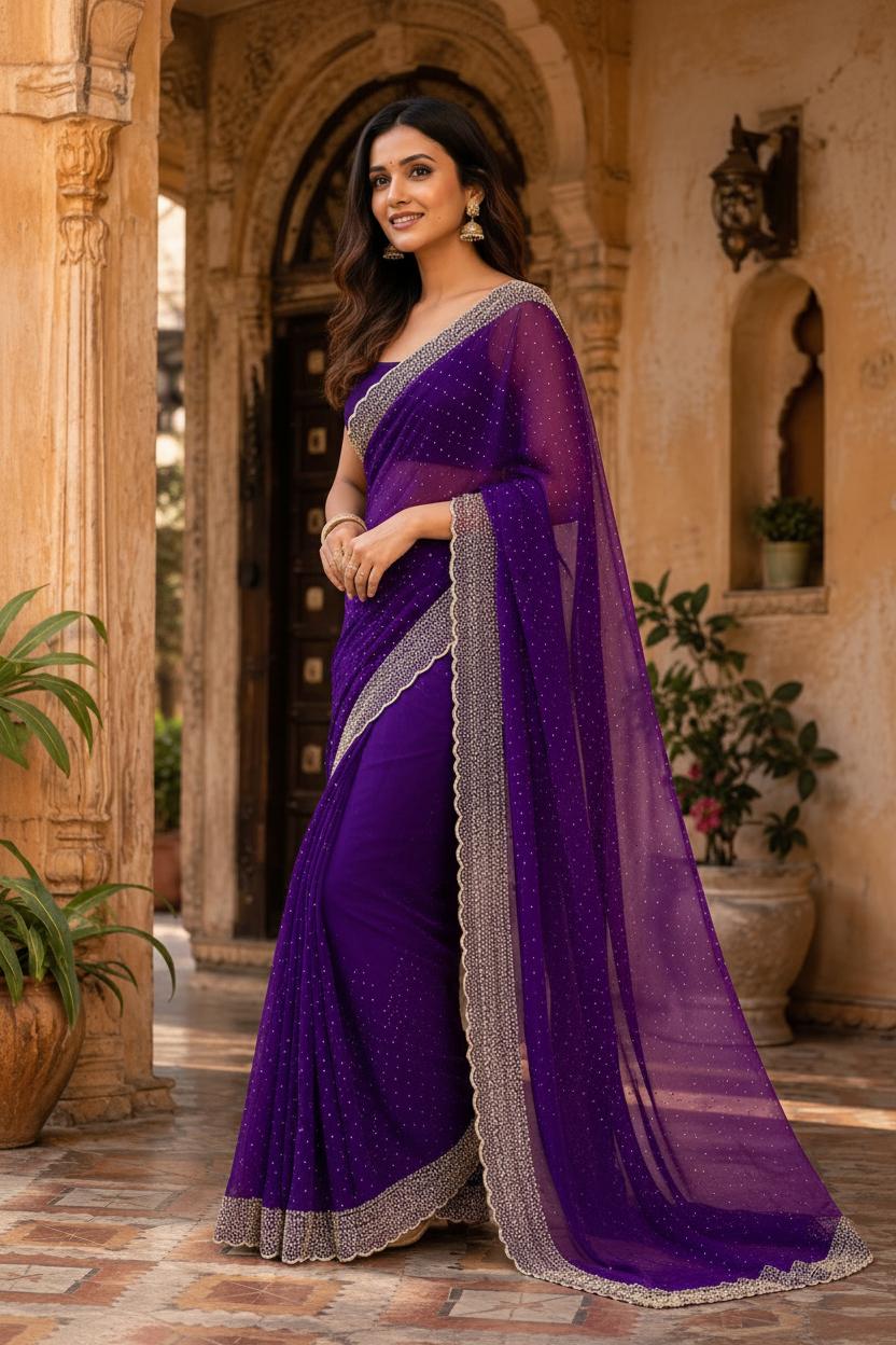Soft Space Silk Diamond Lace Border Saree With Unstitched Blouse(purple) image 3