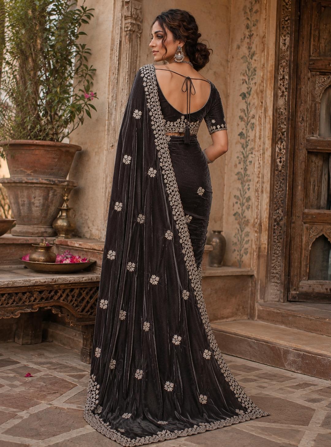 Space Silk Sequins Work Saree With Unstitched Blouse(blue) image 3