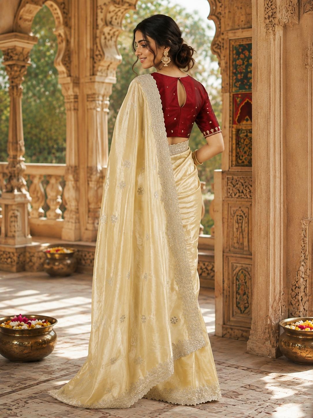 Space Silk Sequins Work Saree With Unstitched Blouse(cream) image 3