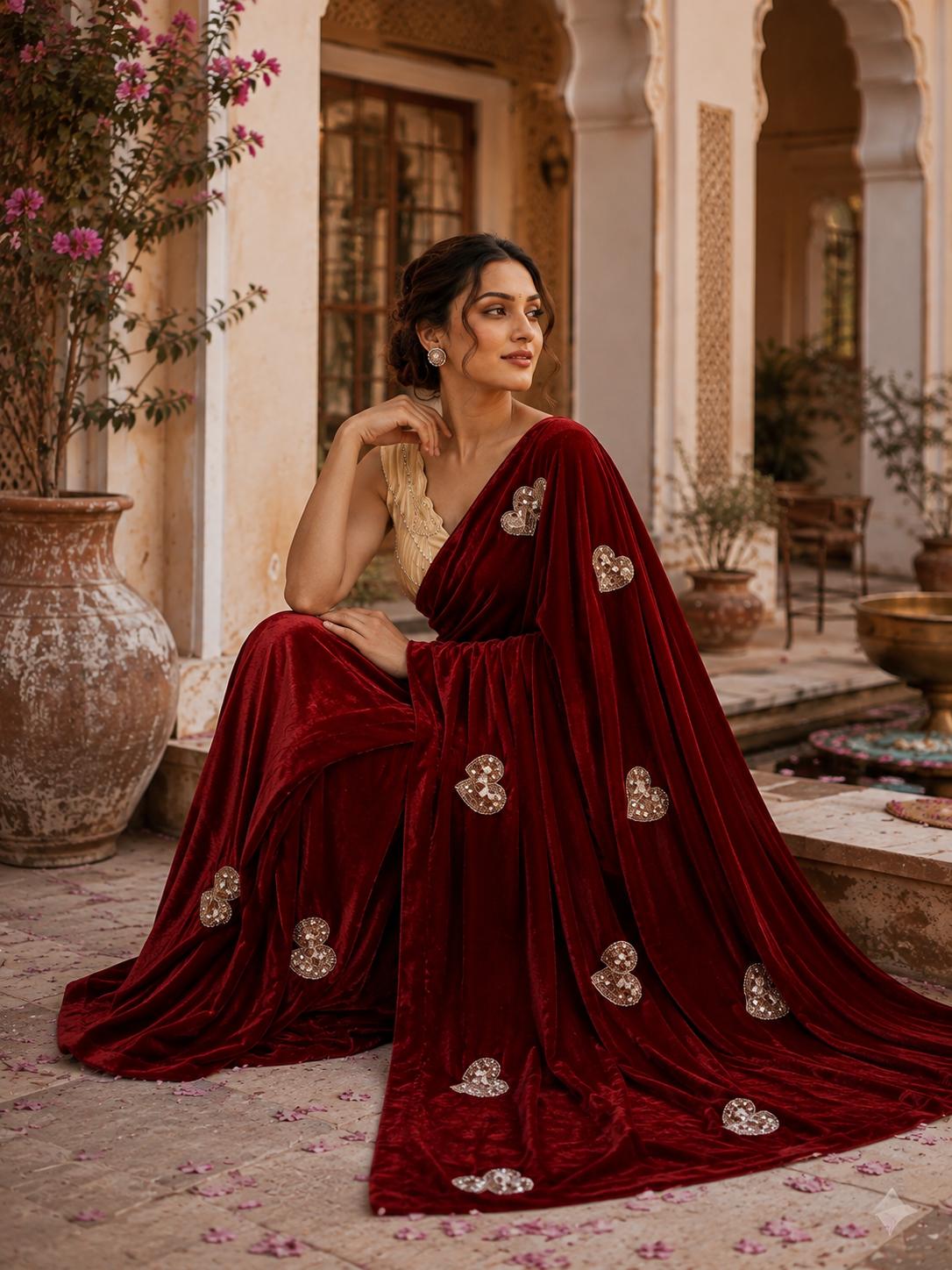Space Silk Sequins Work Saree With Unstitched Blouse(maroon) image 3