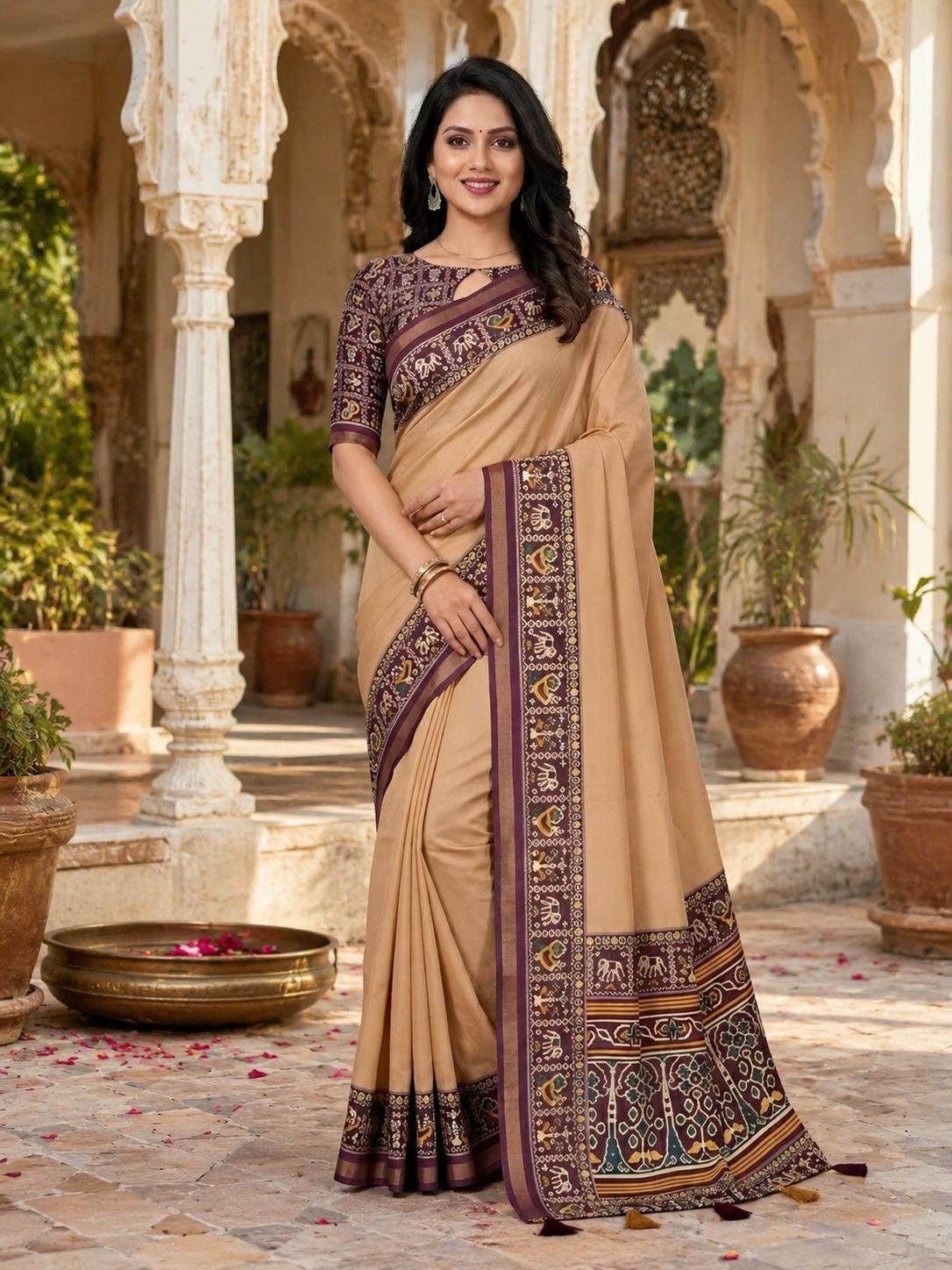 Cotton Zari Border Printed Saree With Unstitched Blouse(cream) image 3