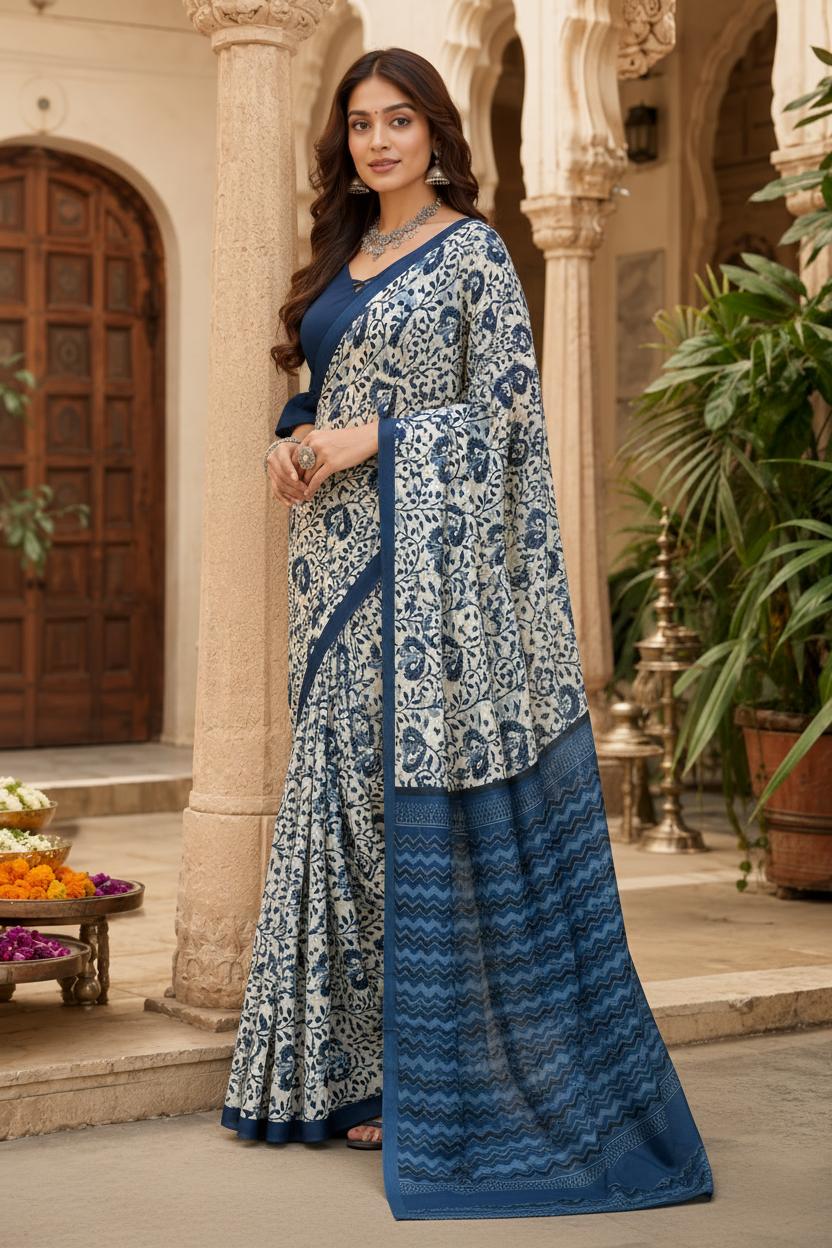 Cotton Printed Saree With Unstitched Blouse(blue) image 3