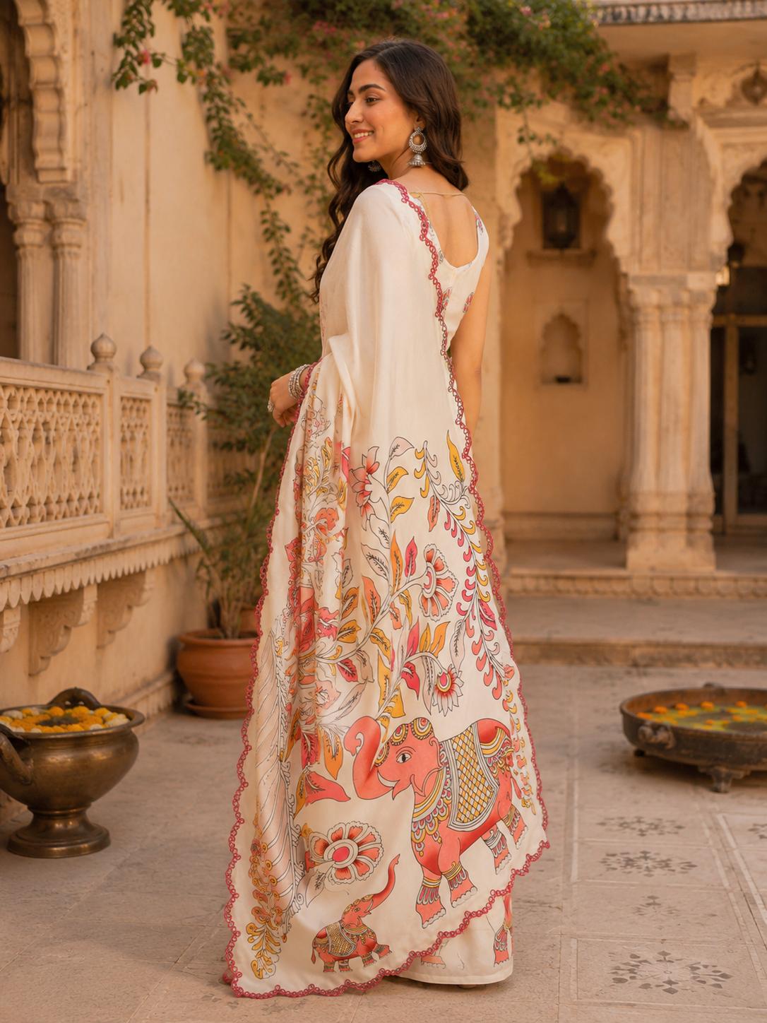 Manipuri Silk Kalamkari Print Saree With Unstitched Blouse(white) image 3