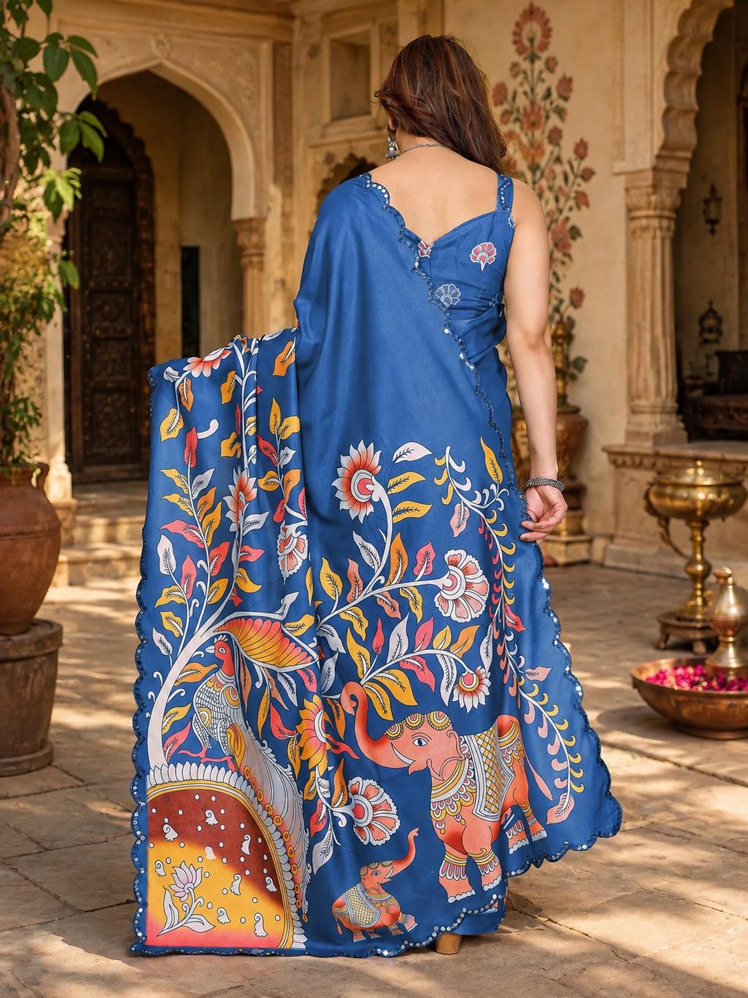 Manipuri Silk Kalamkari Print Saree With Unstitched Blouse(blue) image 3