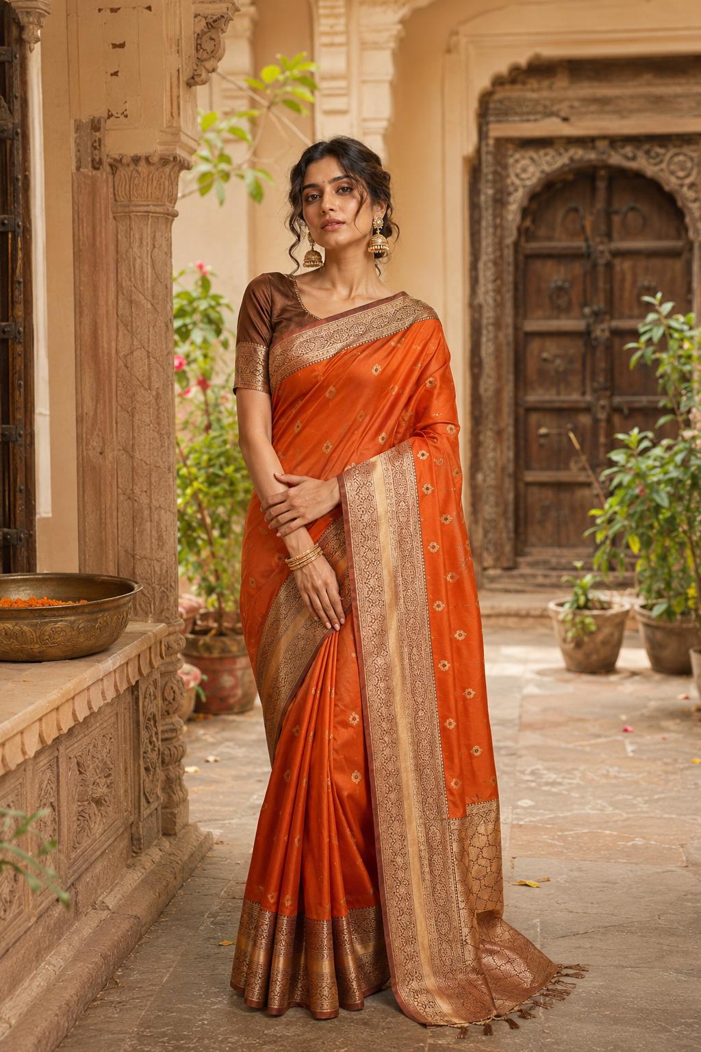 Pure Banarasi Silk Saree With Unstitched Blouse(orange) image 3