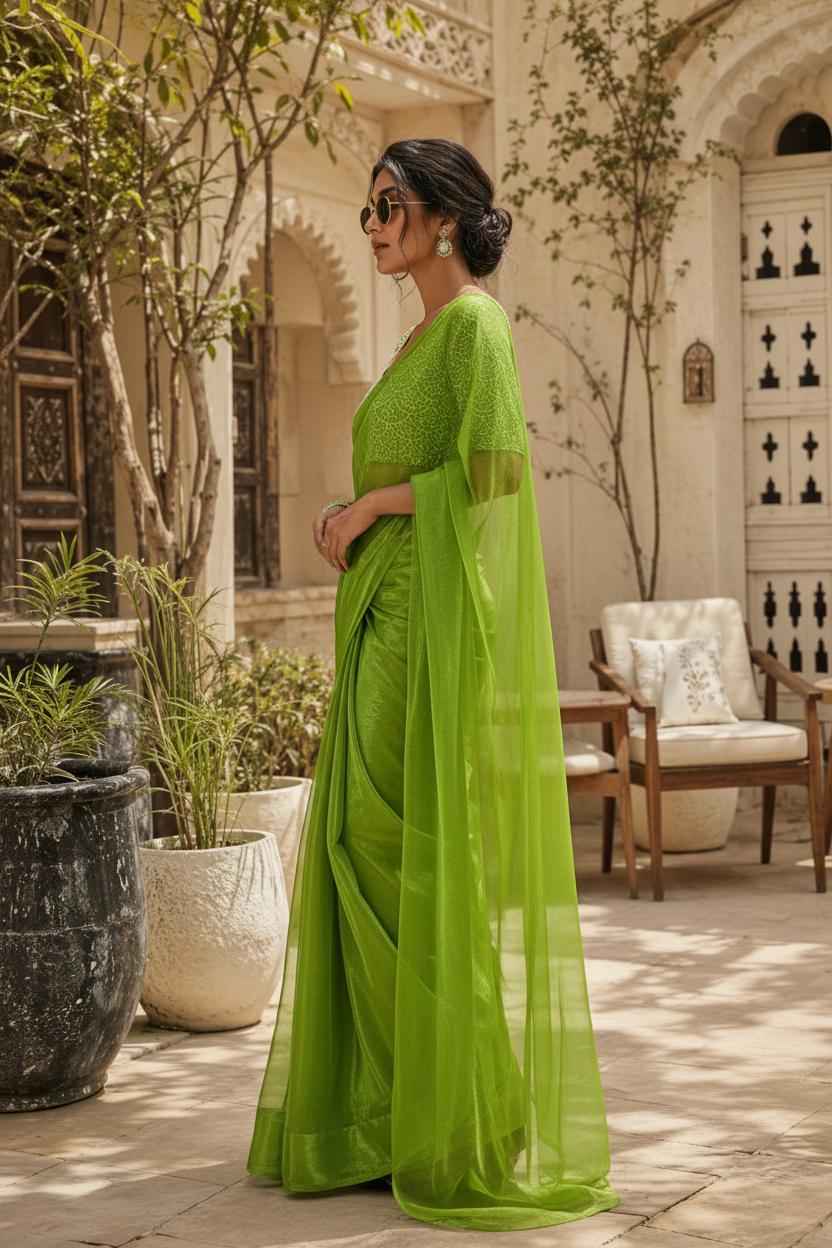 Jimmy Choo Silk Bollywood Saree With Unstitched Blouse(green) image 3