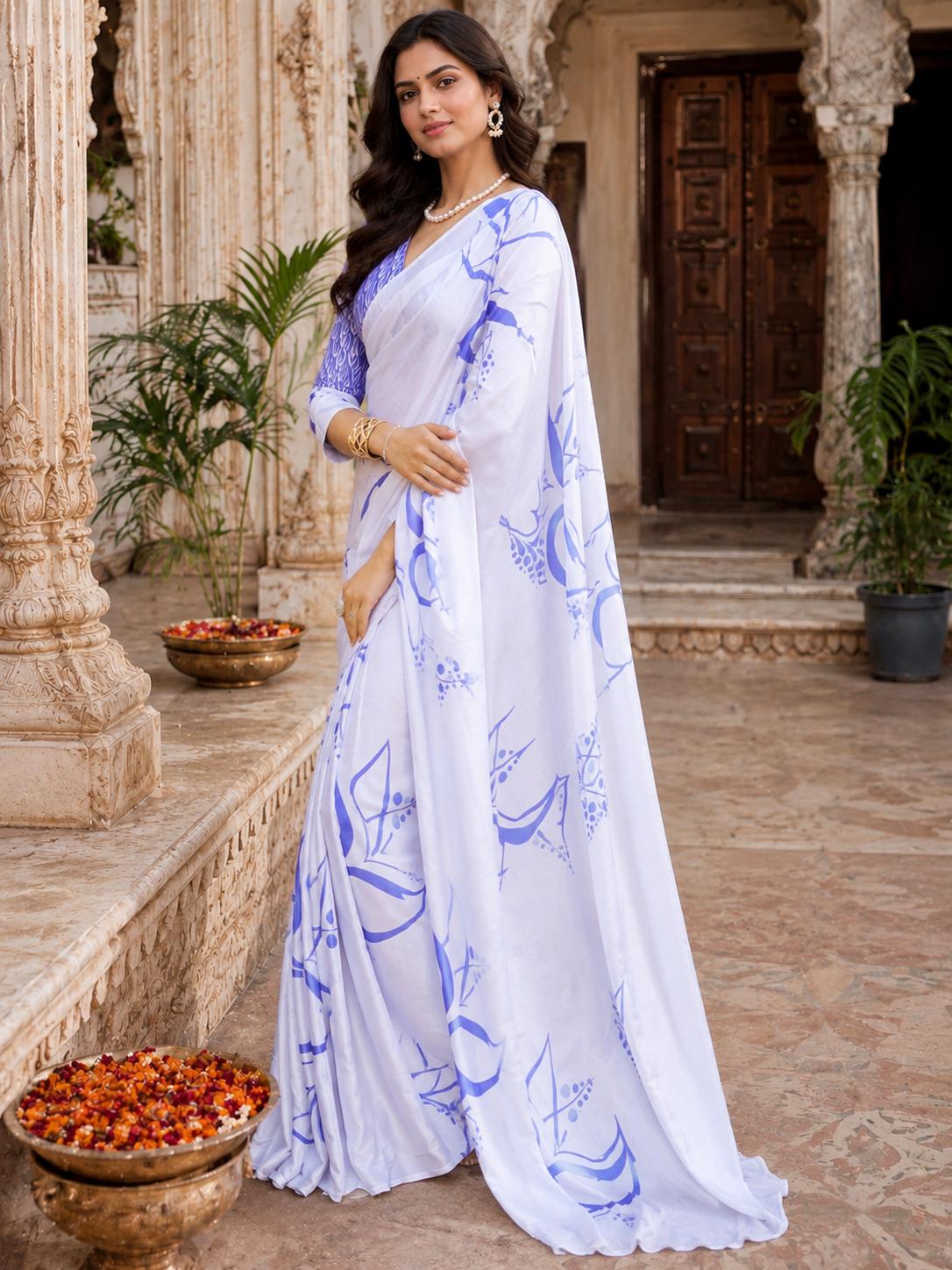 Premium Satin Silk Party Wear Saree With Unstitched Blouse(blue) image 3