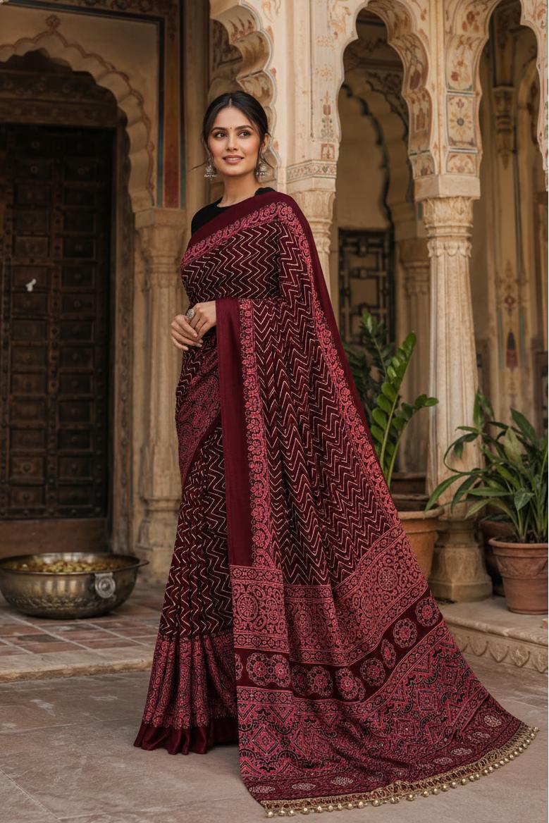 Premium Satin Silk Ajrarakh Print Saree With Unstitched Blouse(maroon) image 3