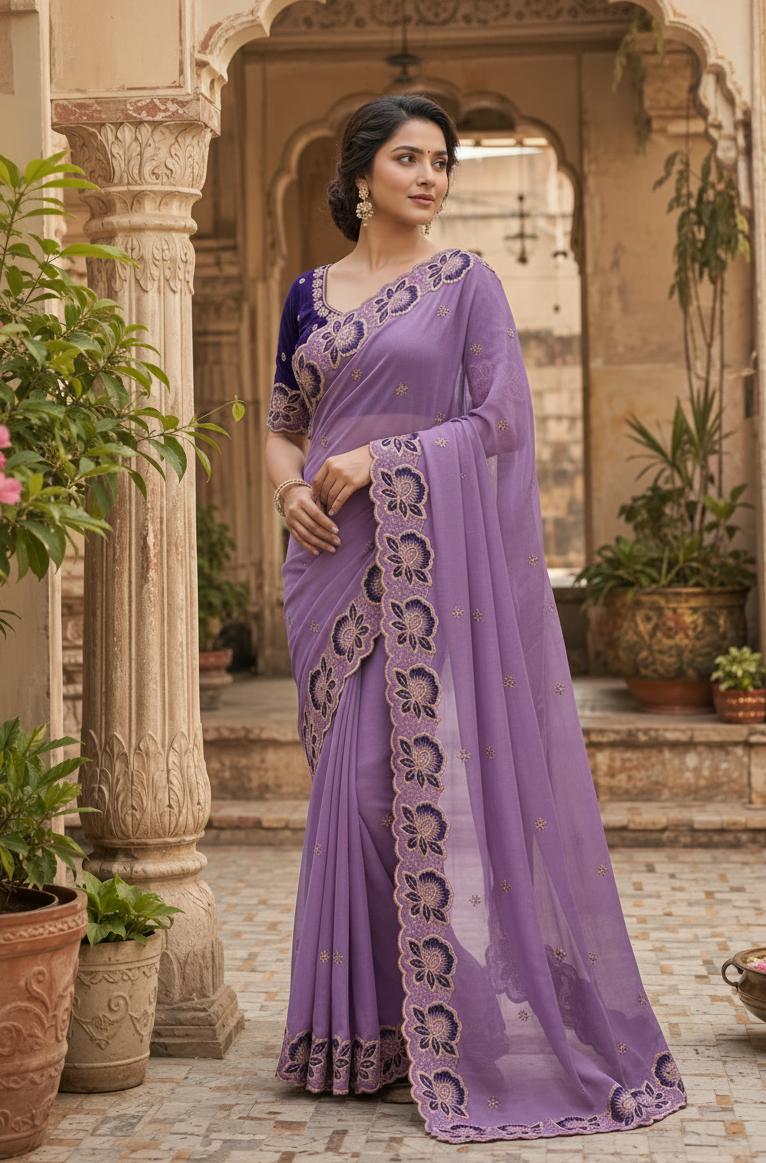 Georgette Multi Embroidery Work Saree With Unstitched Blouse(lavender) image 3