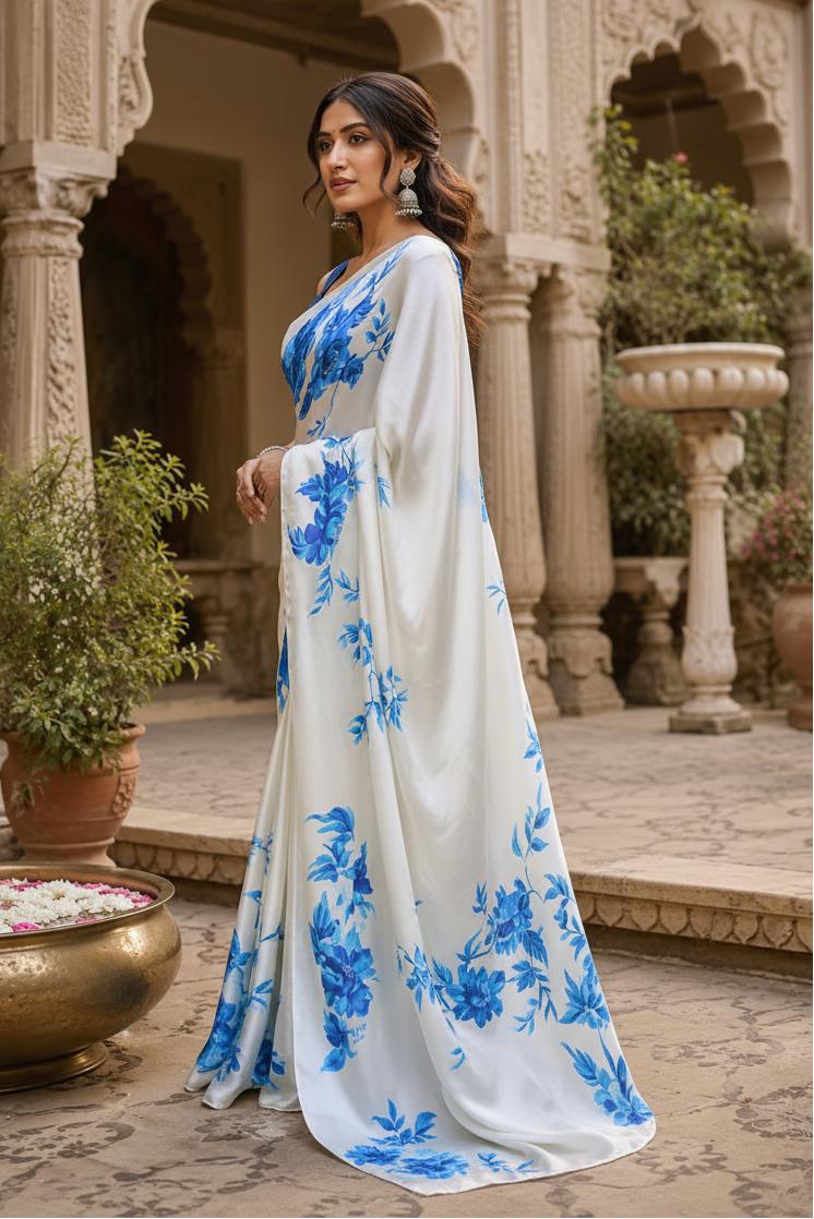 Premium Satin Silk Printed Saree With Unstitched Blouse(blue) image 3