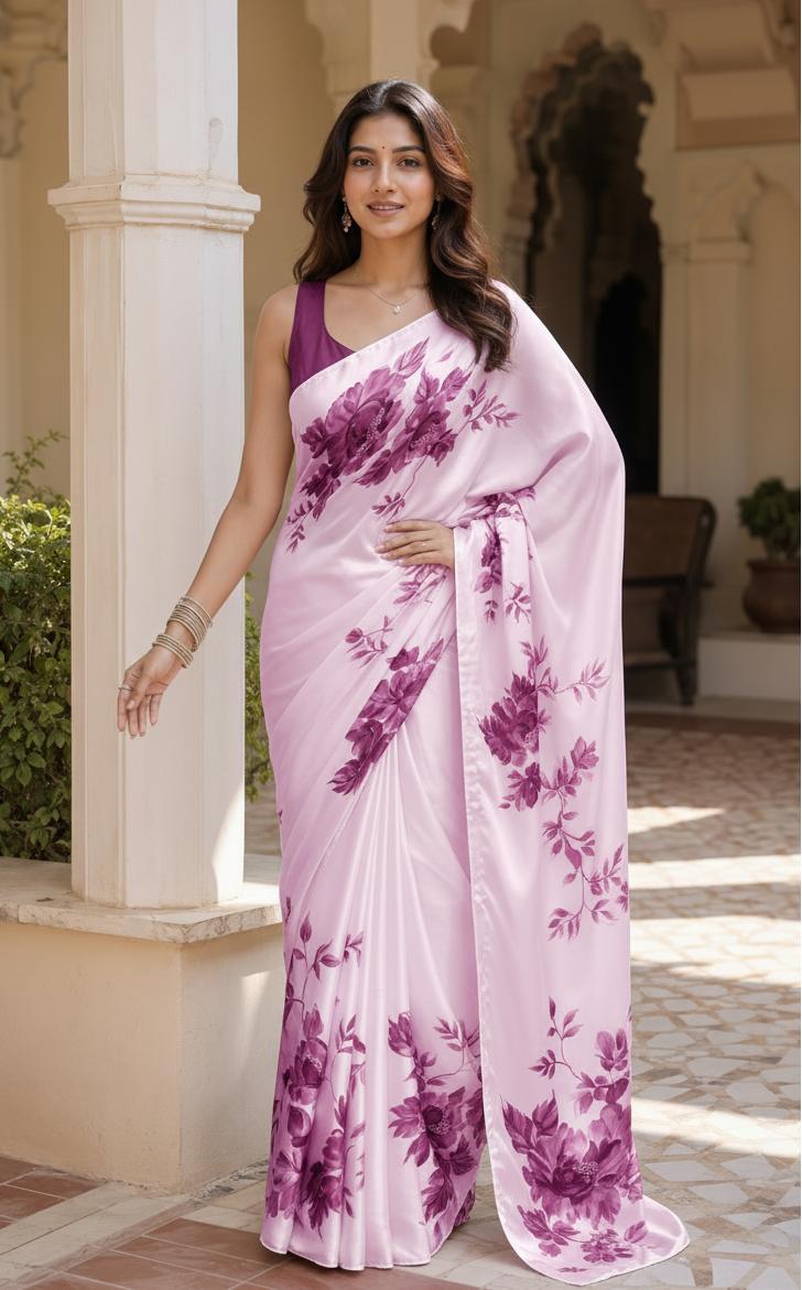 Premium Satin Silk Printed Saree With Unstitched Blouse(pink) image 3