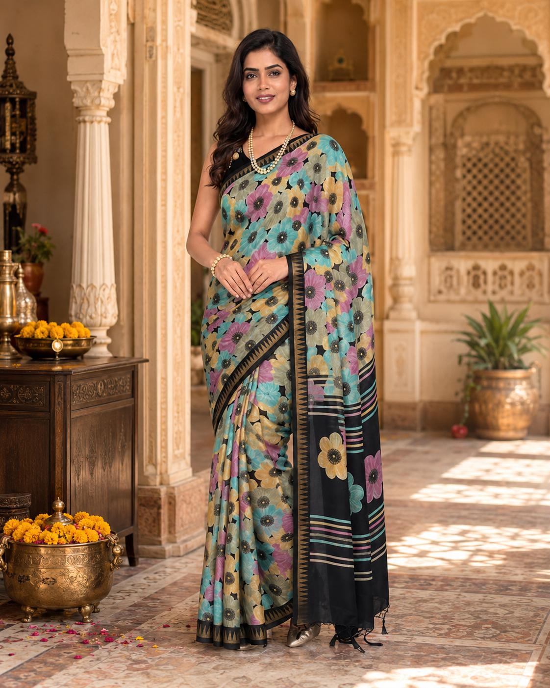 Soft Silk Digital Print Saree With Unstitched Blouse(black) image 3
