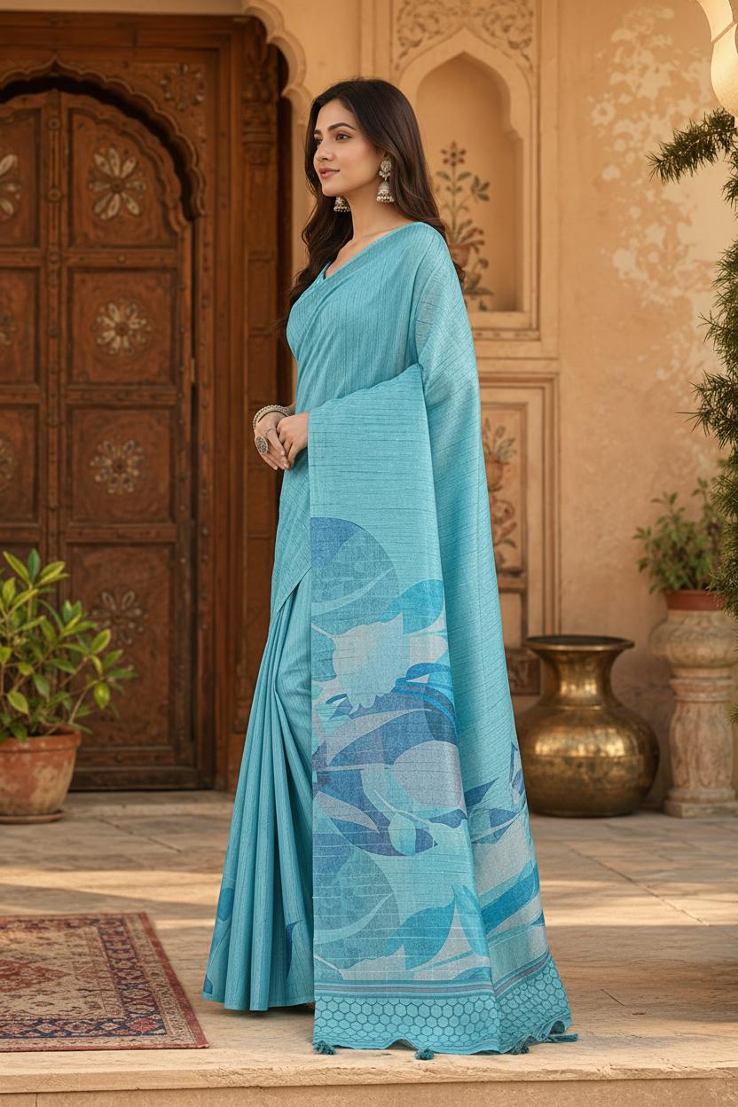 Silk Blend Jacquard Weaving Zari Border Saree With Unstitched Blouse(blue) image 3