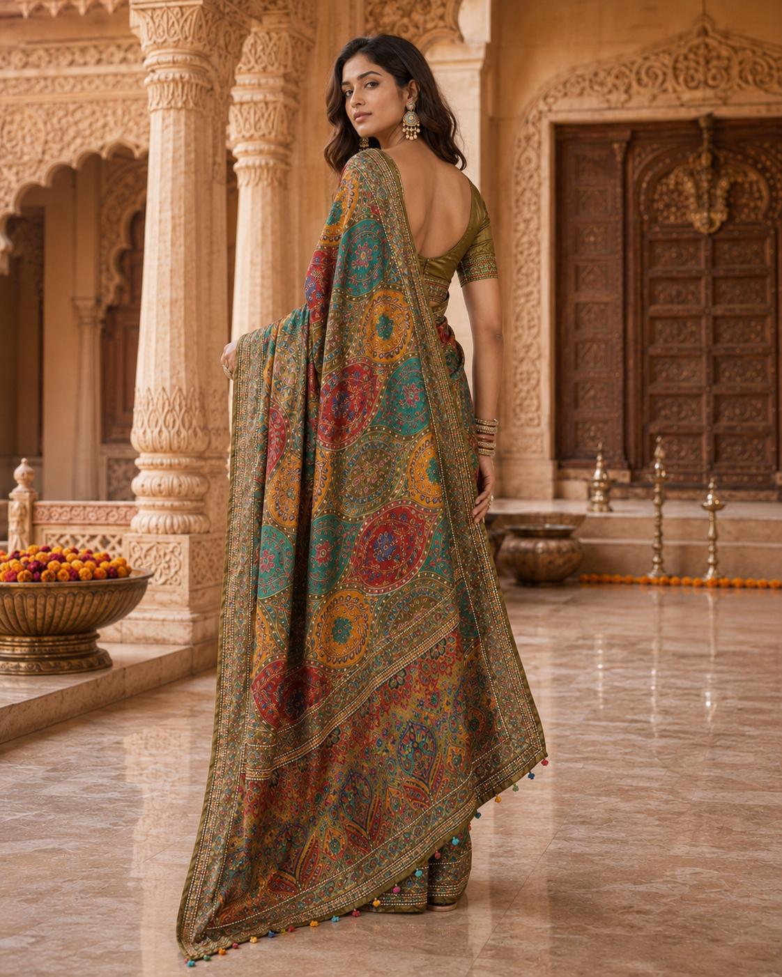 Modal Crepe Silk Mirror Work Saree With Unstitched Blouse(green) image 3