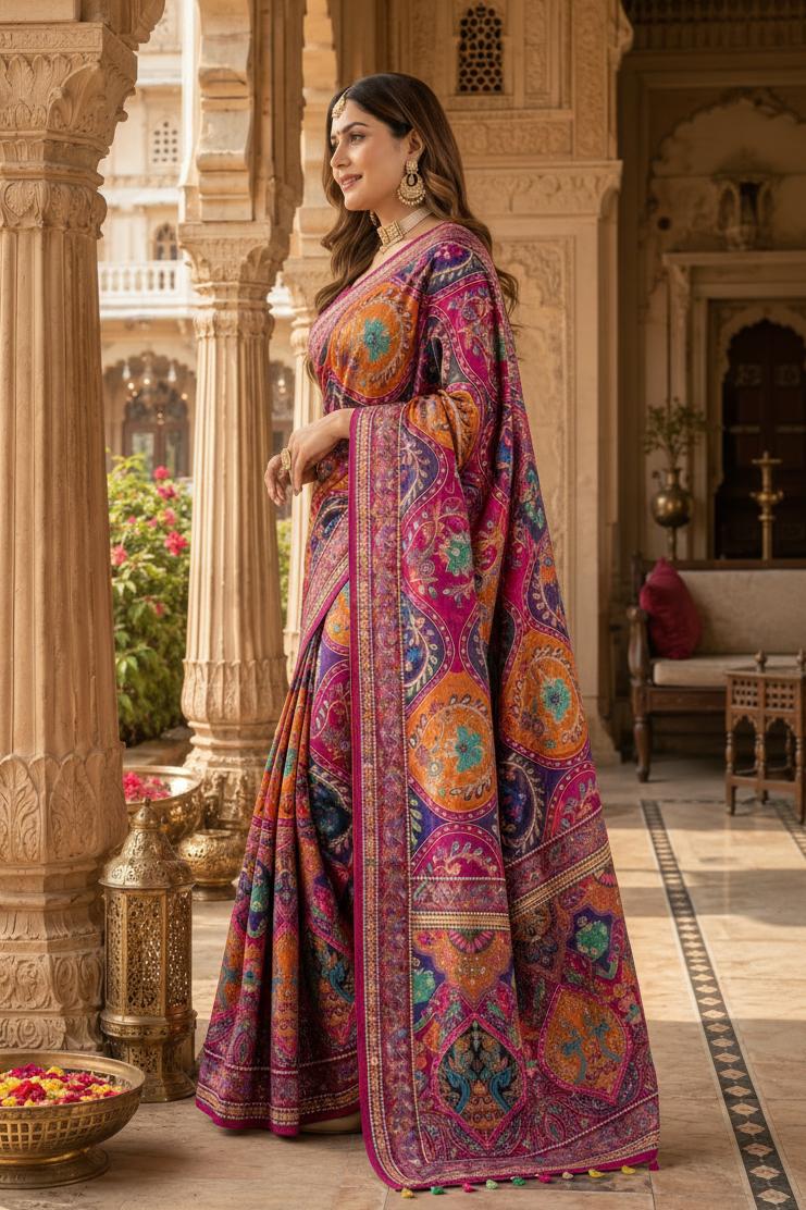 Modal Crepe Silk Mirror Work Saree With Unstitched Blouse(wine) image 3