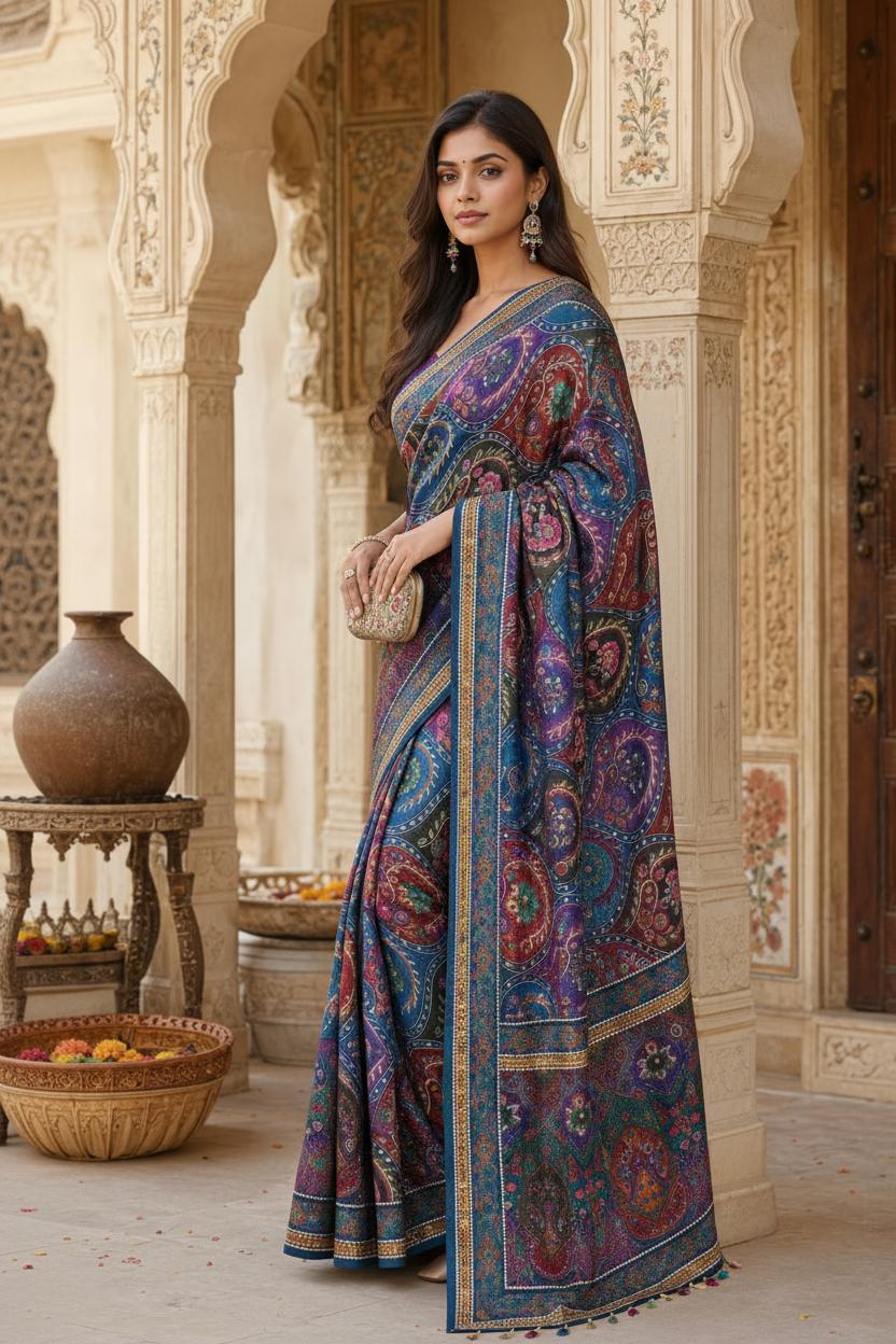 Modal Crepe Silk Mirror Work Saree With Unstitched Blouse(blue) image 3