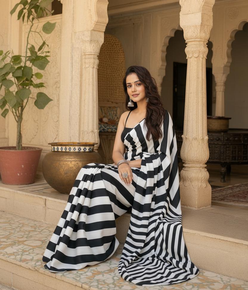 Satin Silk Digital Print Saree With Unstitched Blouse(black) image 3
